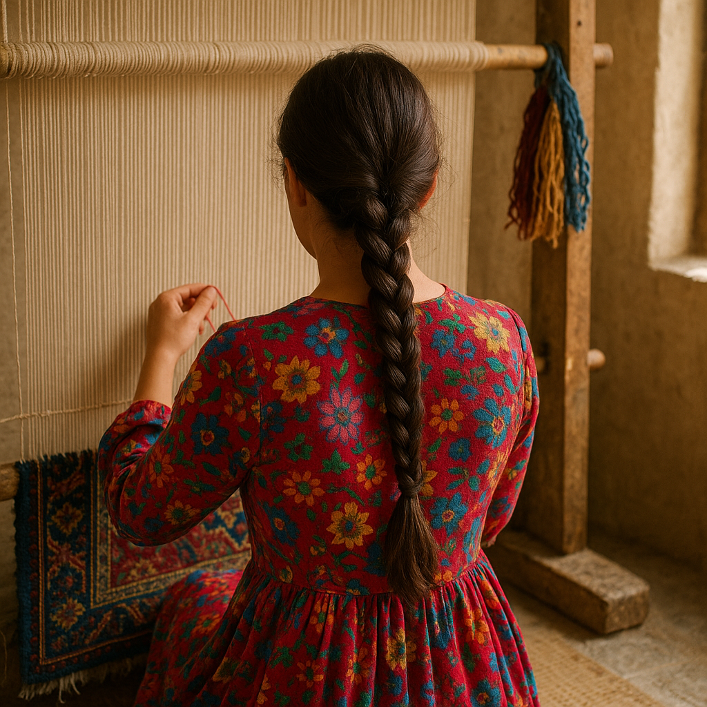 Traditional Iranian female weaver in colorful local dress crafting a handmade rug on a vertical loom with natural light