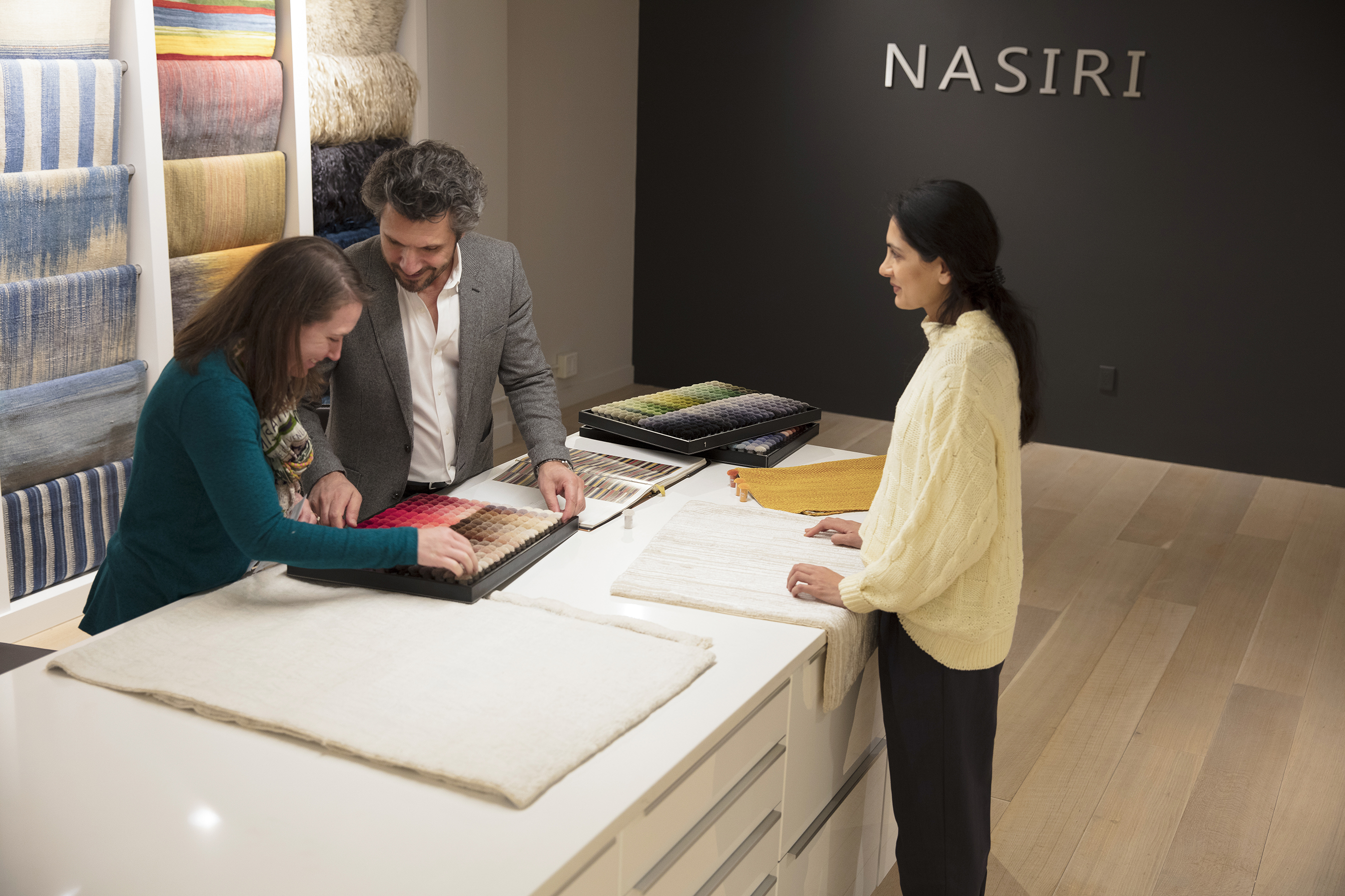 Modern executive office featuring a bold bespoke NASIRI hand-knotted rug