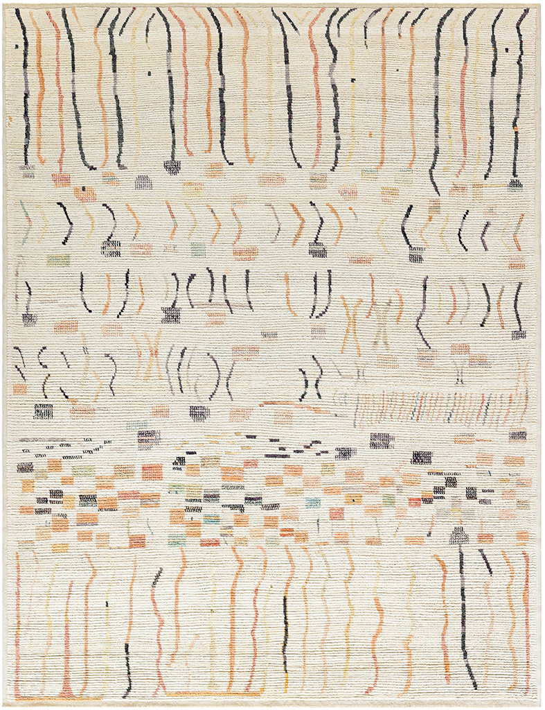 Vintage Moroccan Beni Ourain rug with bold geometric lines in a modern bohemian interior with artisanal accents