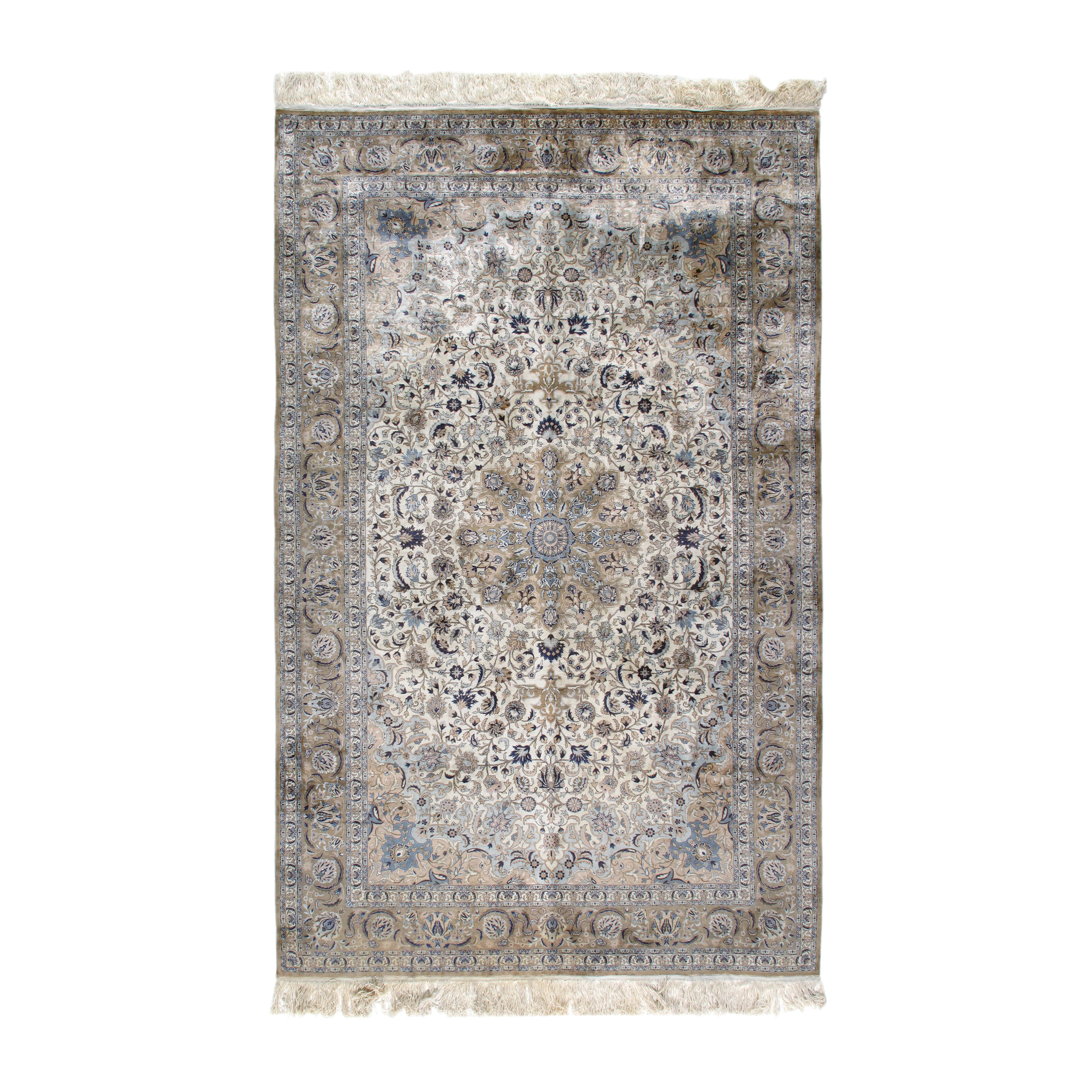 This Vintage Chinese Silk rug is crafted with natural tones that resembles Persian Qum rugs.