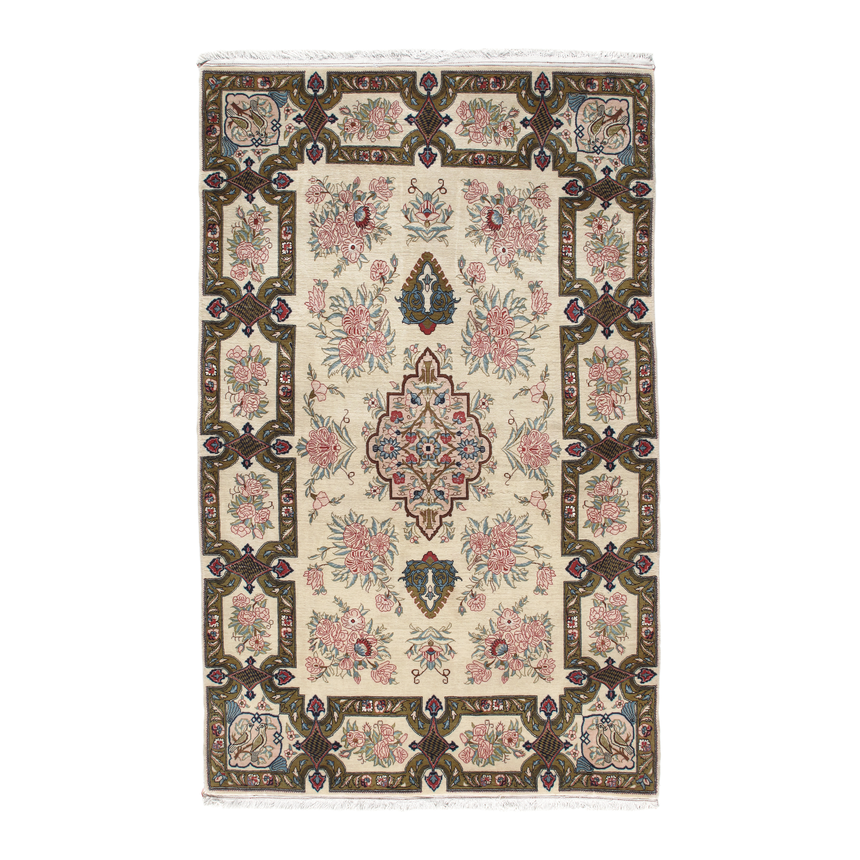 This Persian Qum rug was made of Persian wool and silk details.