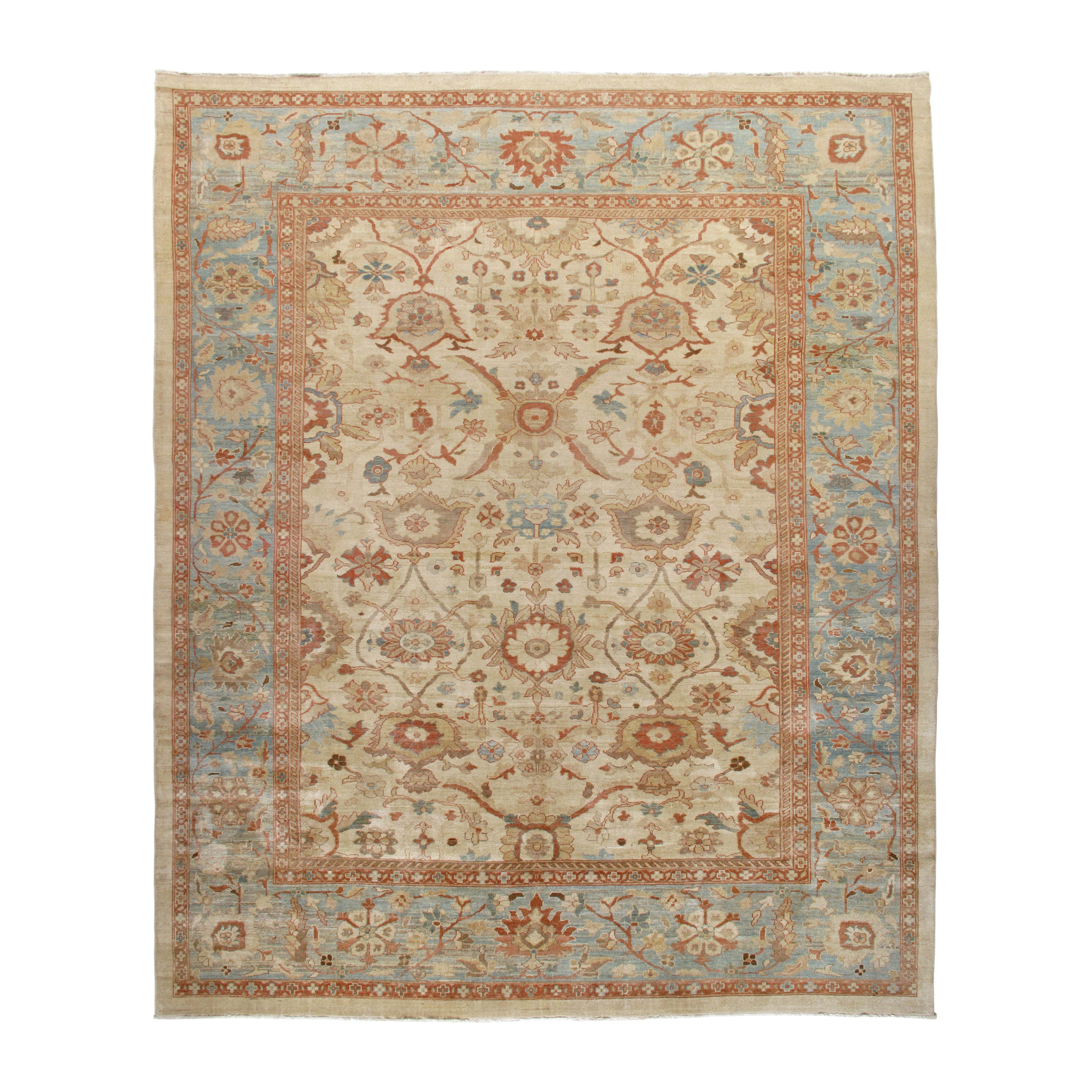  This Ziegler Sultanabad rug made by fiber procurement, hand weaving, and the use of organic dyes.