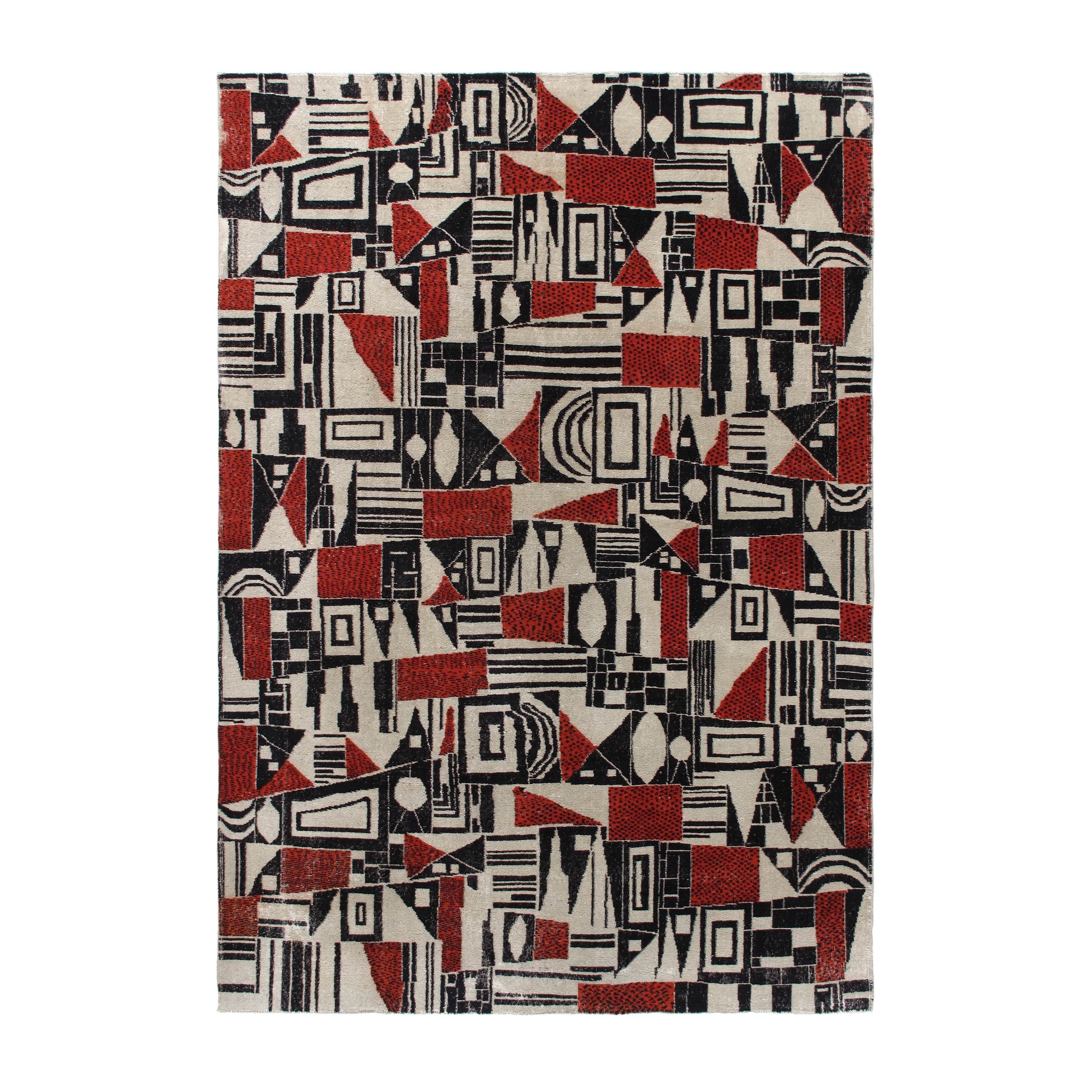 This Cubist rug is hand-knotted and made of wool. 
