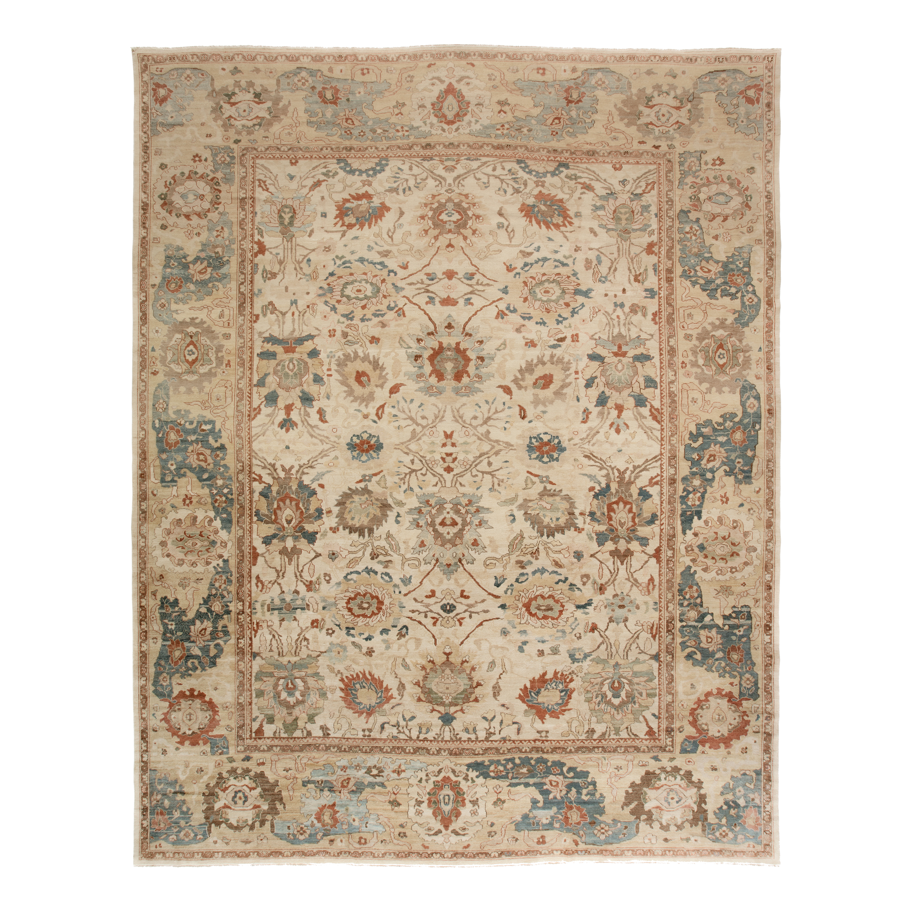 This Ziegler Sultanabad rug made by fiber procurement, hand weaving, and the use of organic dyes.