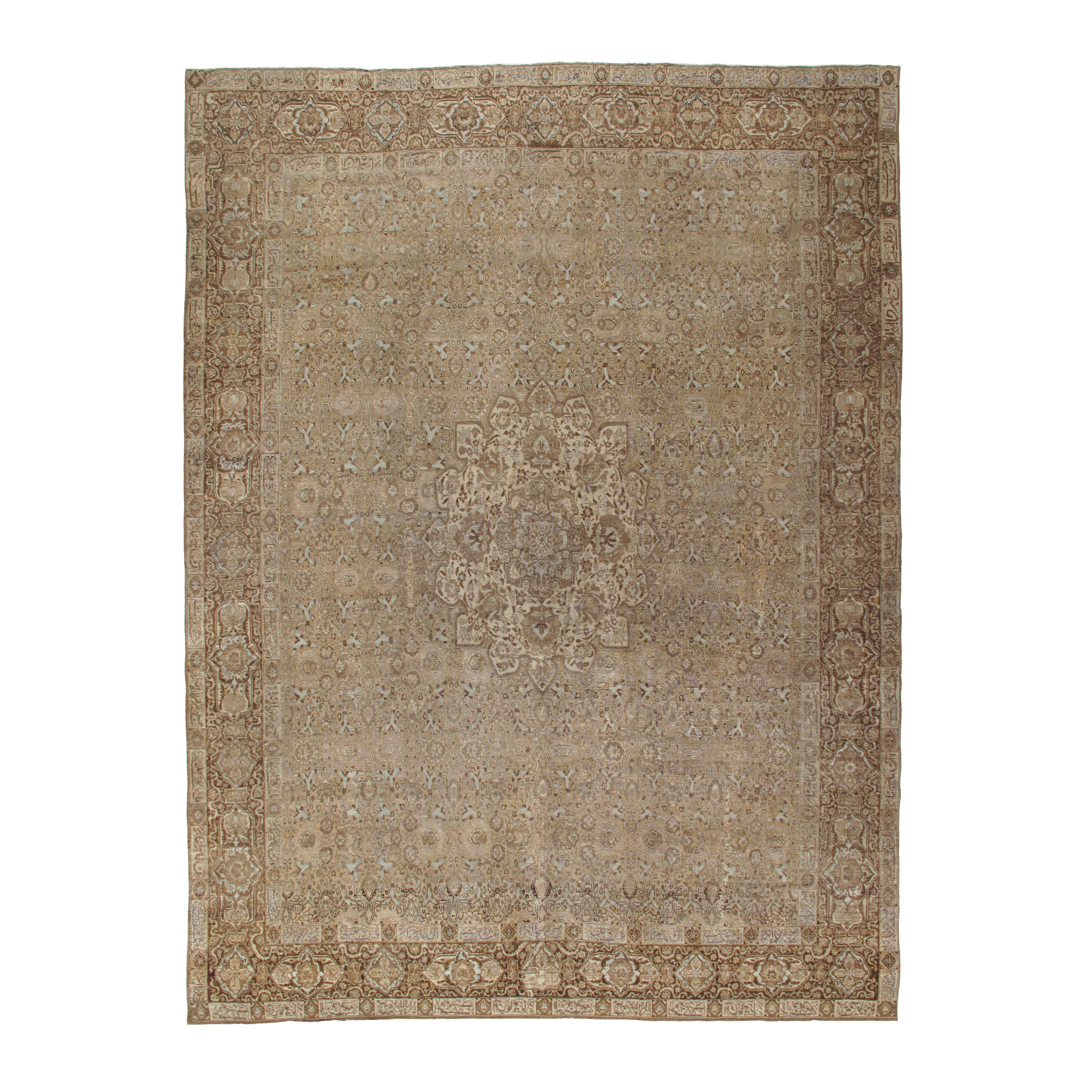 The Antique Tabriz Rug is hand-knotted and made of wool.