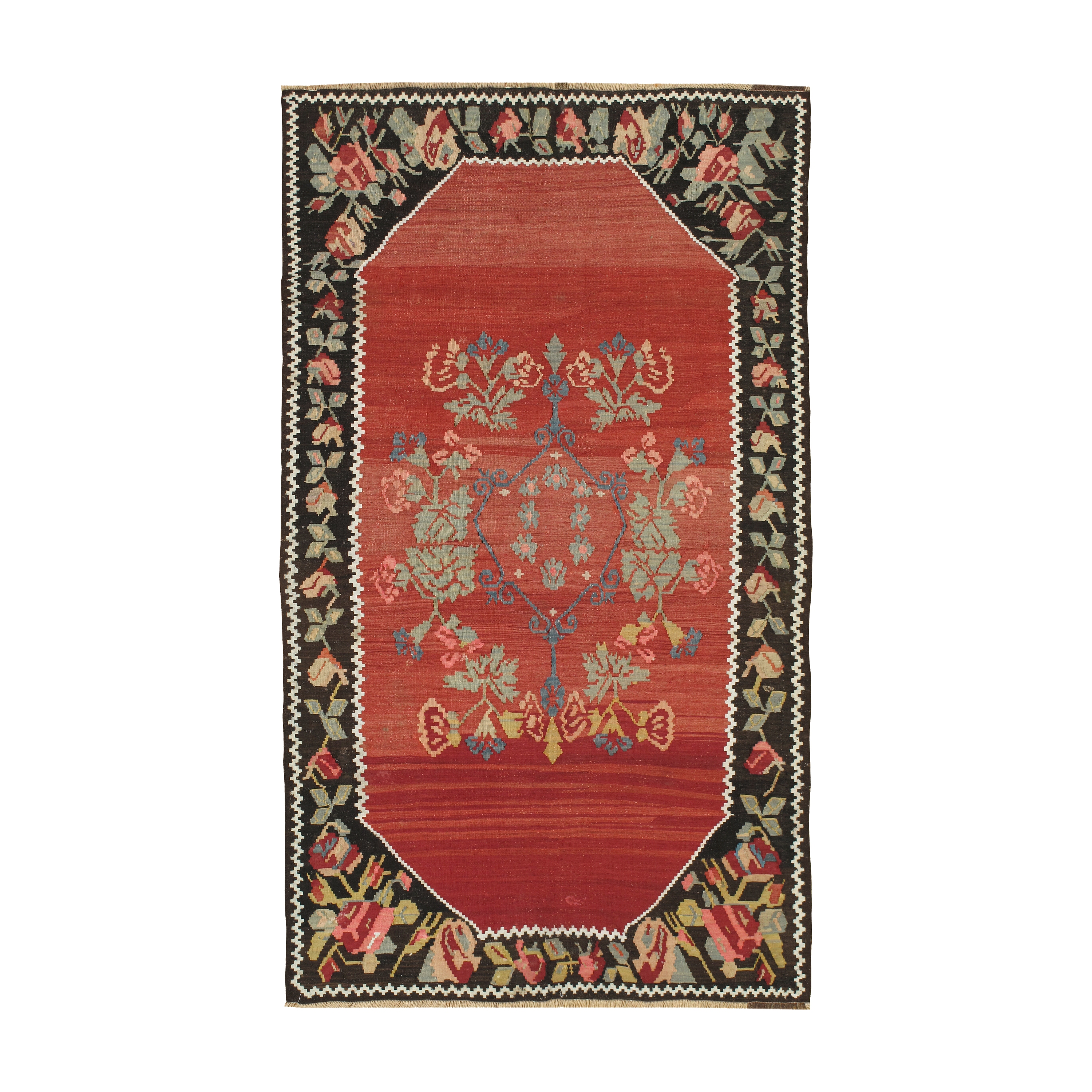 Antique Karabagh is an antique Caucasian tribal flatweave rug from Karabagh, featuring an articulated geometric pattern with European influence