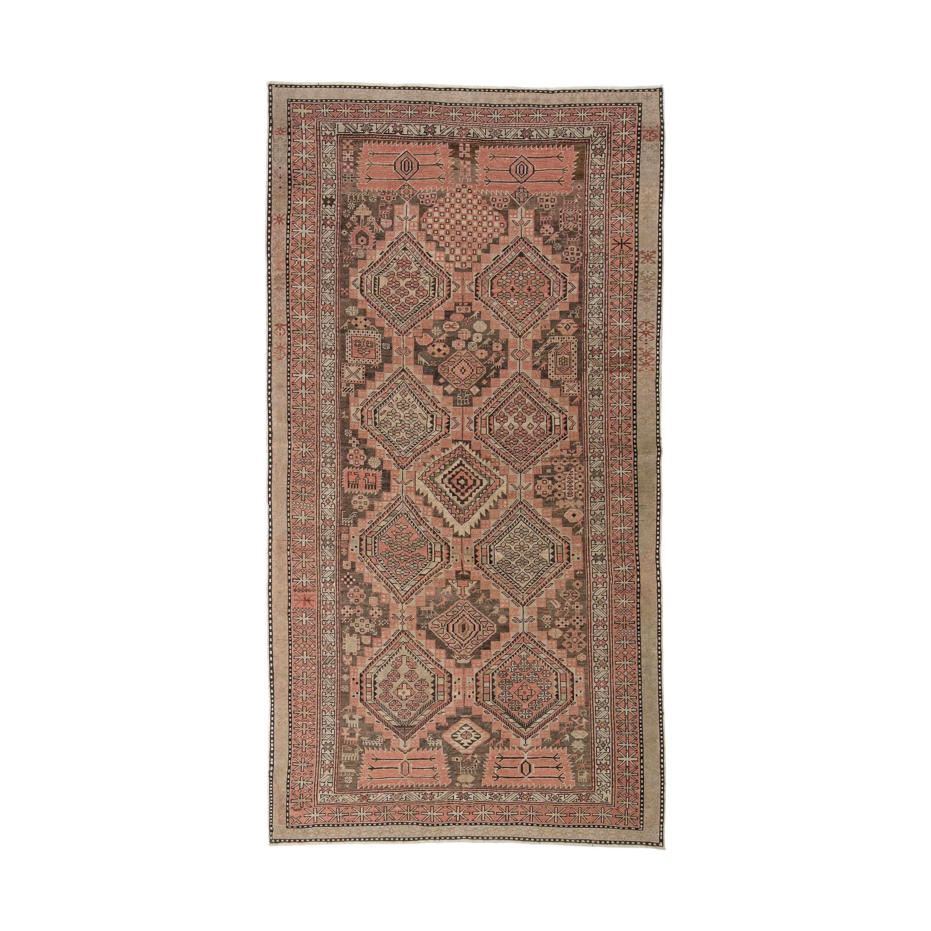 Shirvan is an antique Caucasian tribal rug from Azerbaijan, featuring a repeated articulated geometric pattern. 
