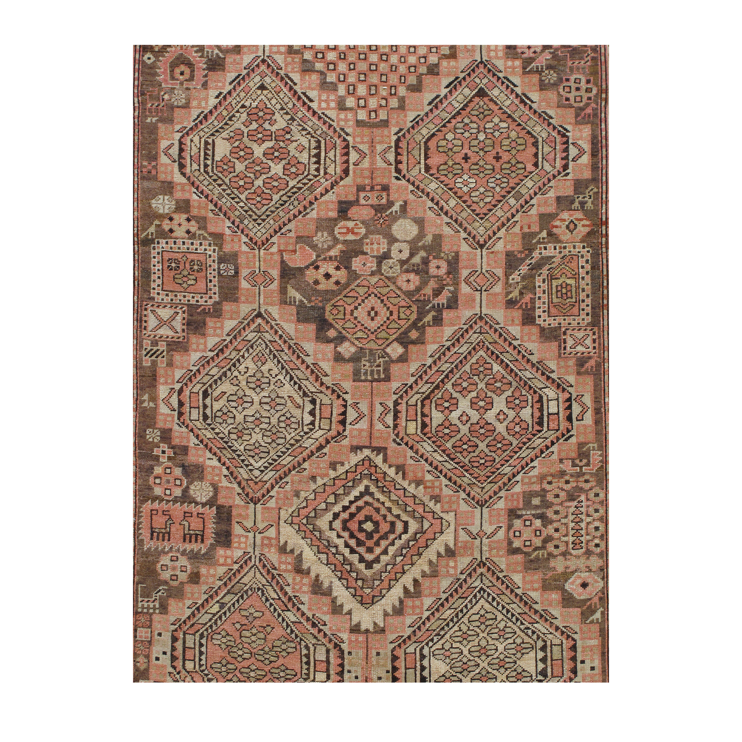 Shirvan is an antique Caucasian tribal rug from Azerbaijan, featuring a repeated articulated geometric pattern. 