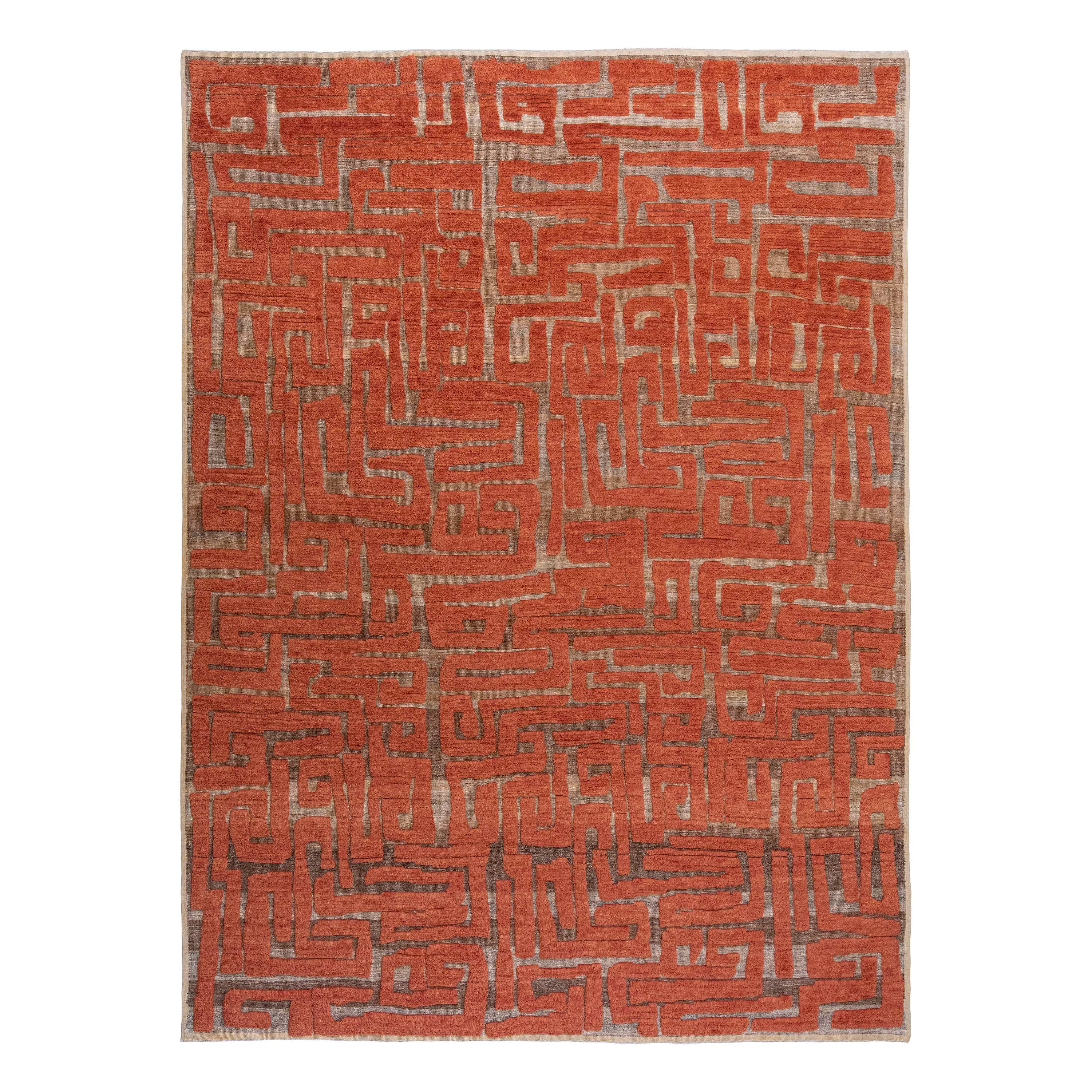 Maze rug is a modern, tribal rug of intricate patterns, inspired by traditional African Kuba cloths. 