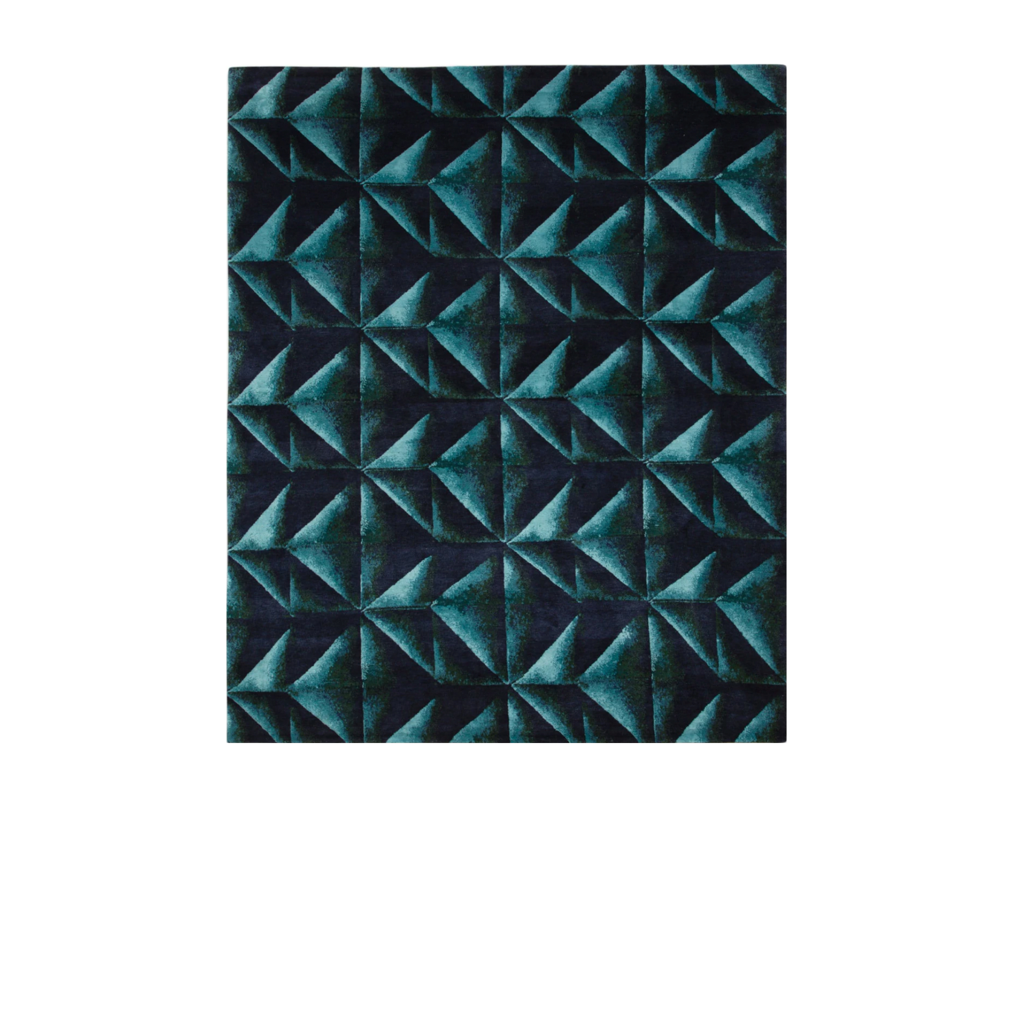 Hilo rug depicts a bold geometric design of green and blue shades crafted from Chinese silk and Tibetan wool. 