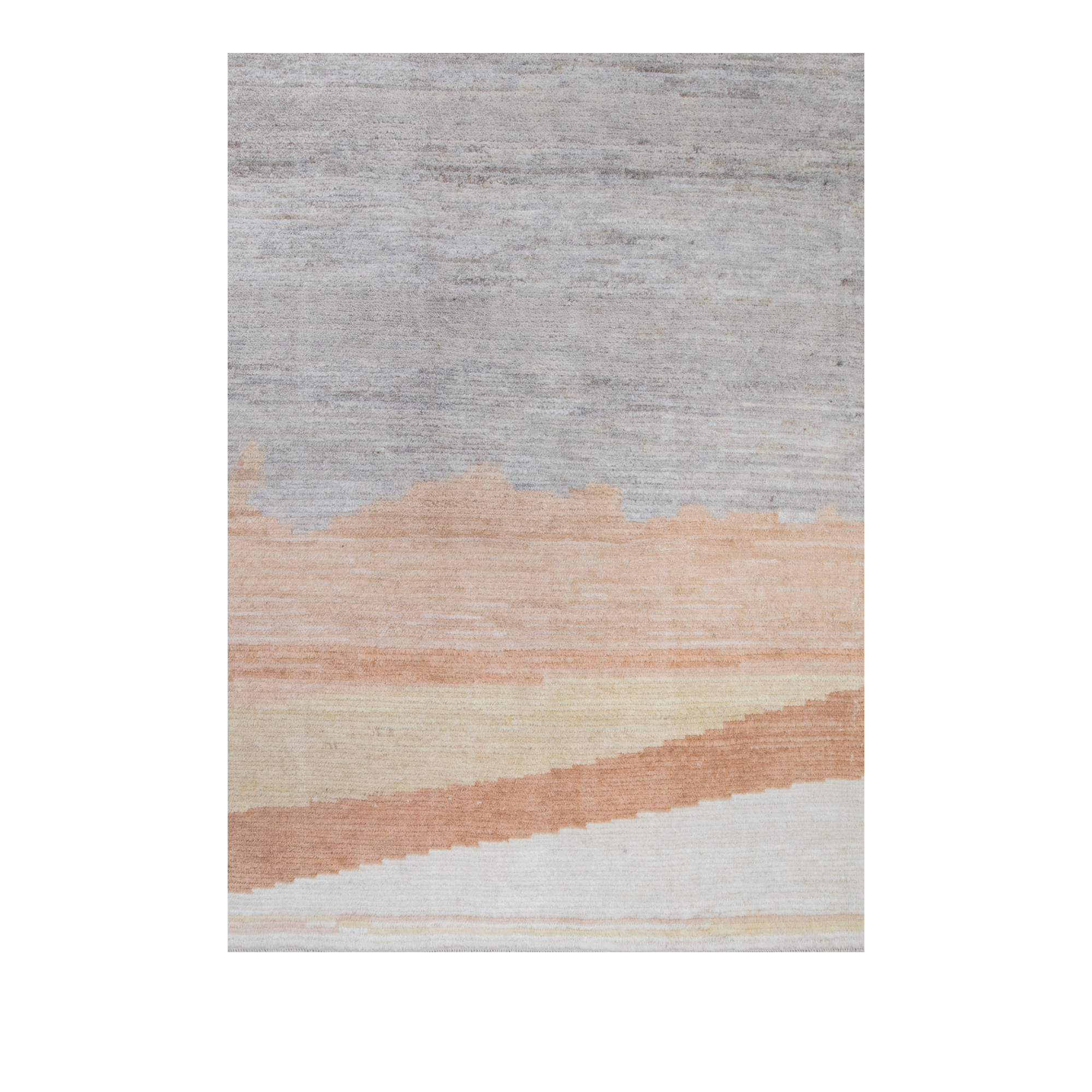 Topanga rug is a modern and minimalist piece blending neutral greys, a pop of coral, and dusty rose shades.