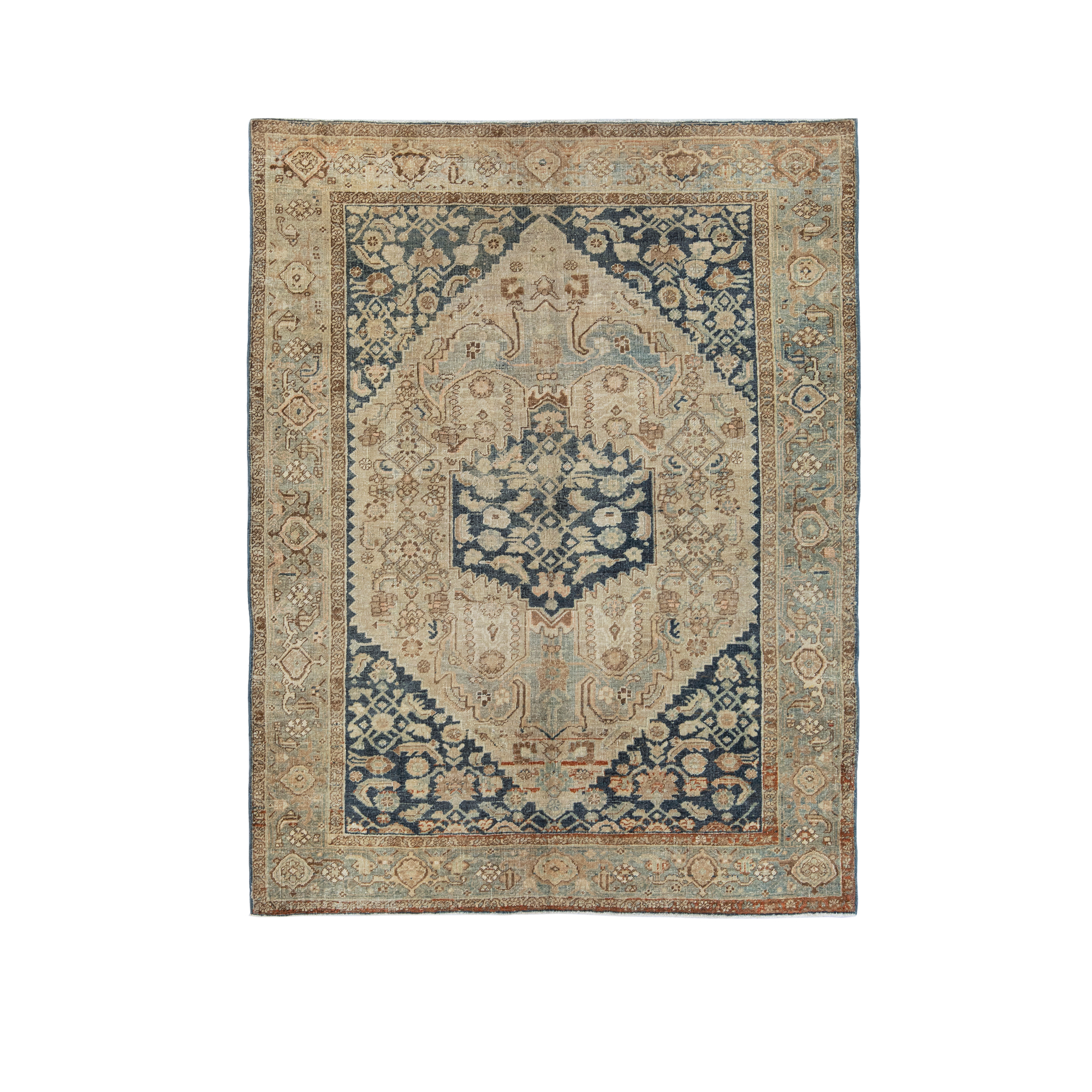 Antique Bidjar rugs are characterized by their rich motifs and have a repeated pattern or a hexagonal field bound by a border