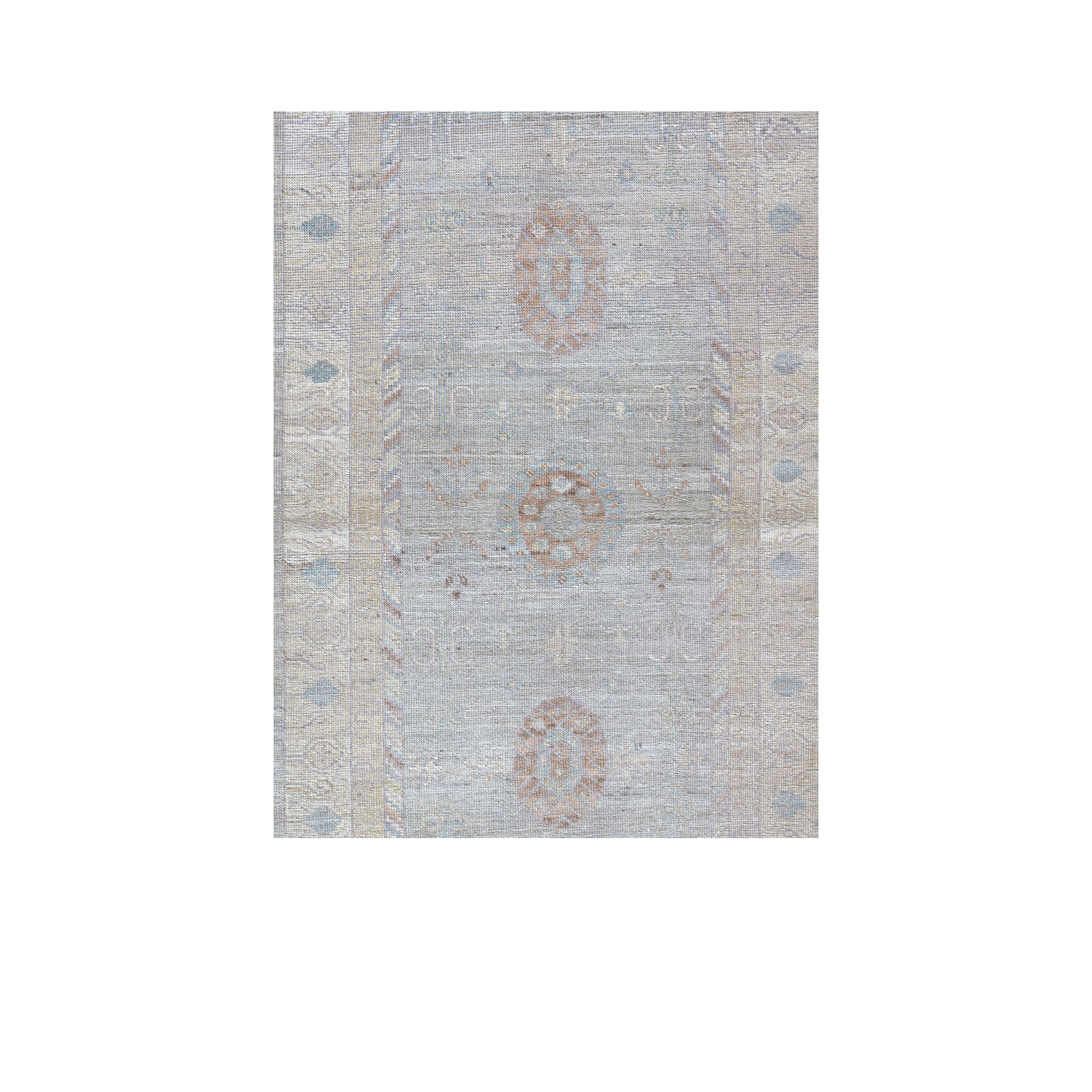 Samarghand rug is hand-knotted and made of 100% wool.