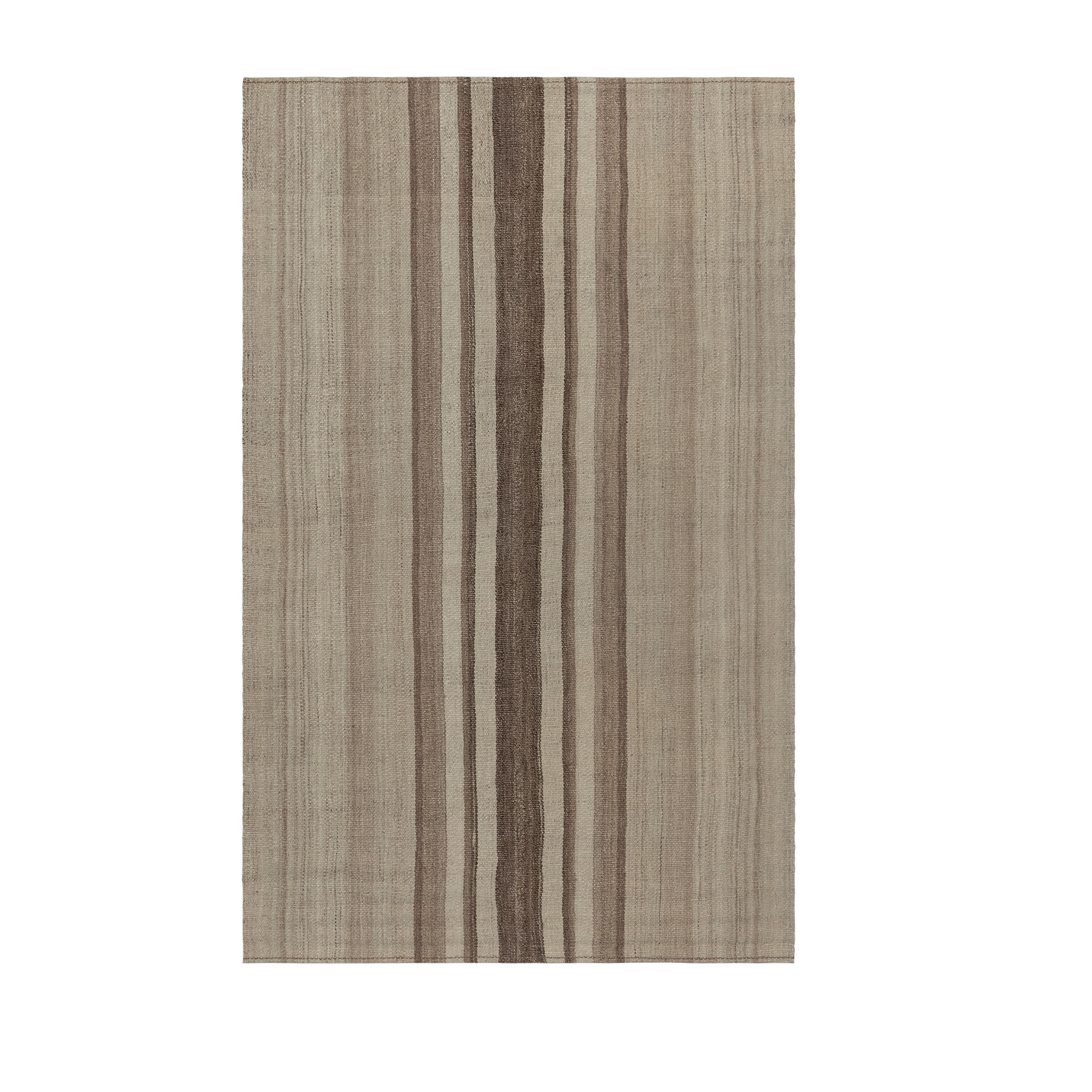 Vintage Flatweave Handwoven Striped Wool in Neutral Earth Tones, Mid-20th Century