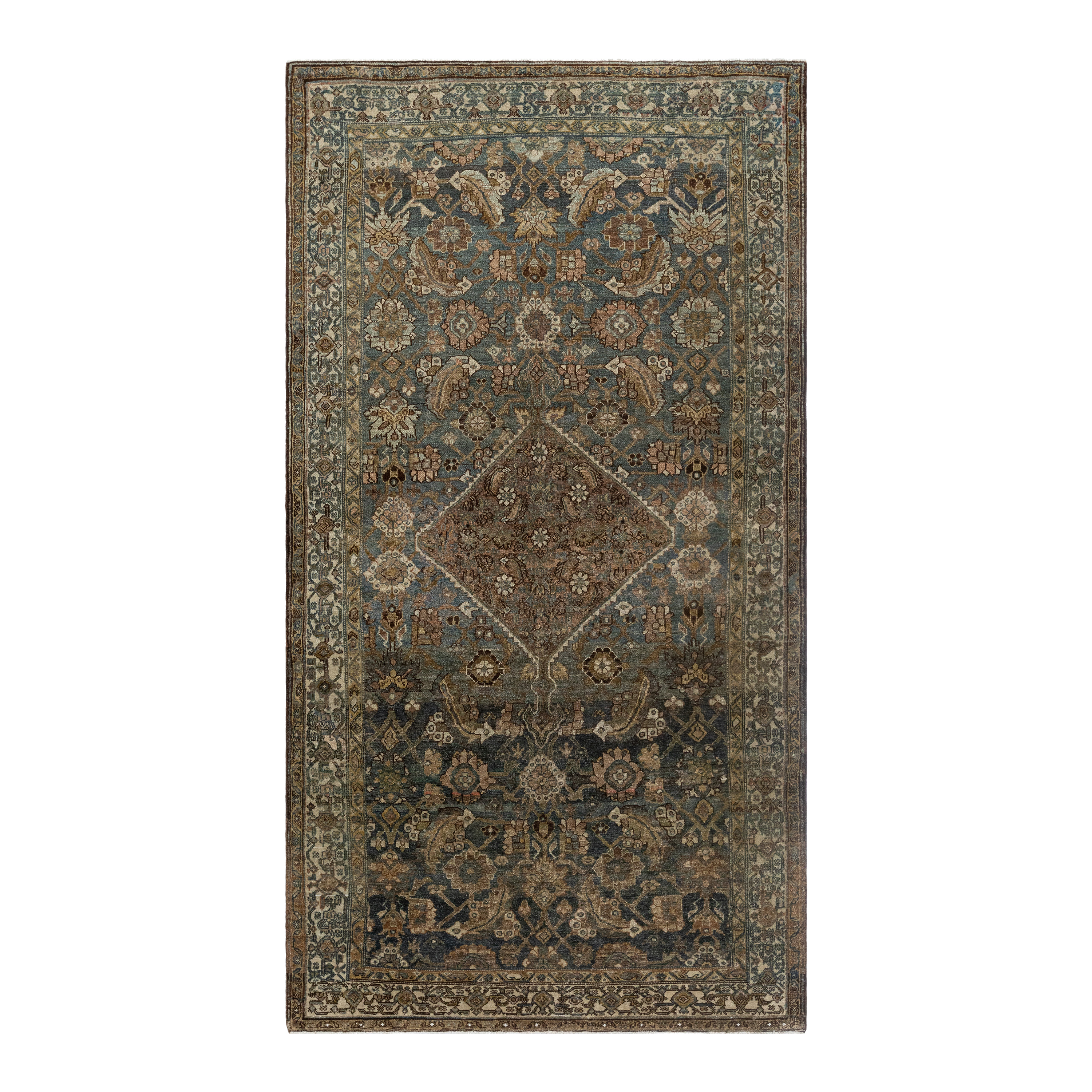 Antique Persian Hamadan rug with medallion and floral motifs in indigo and earth tones – Nasiri Carpets