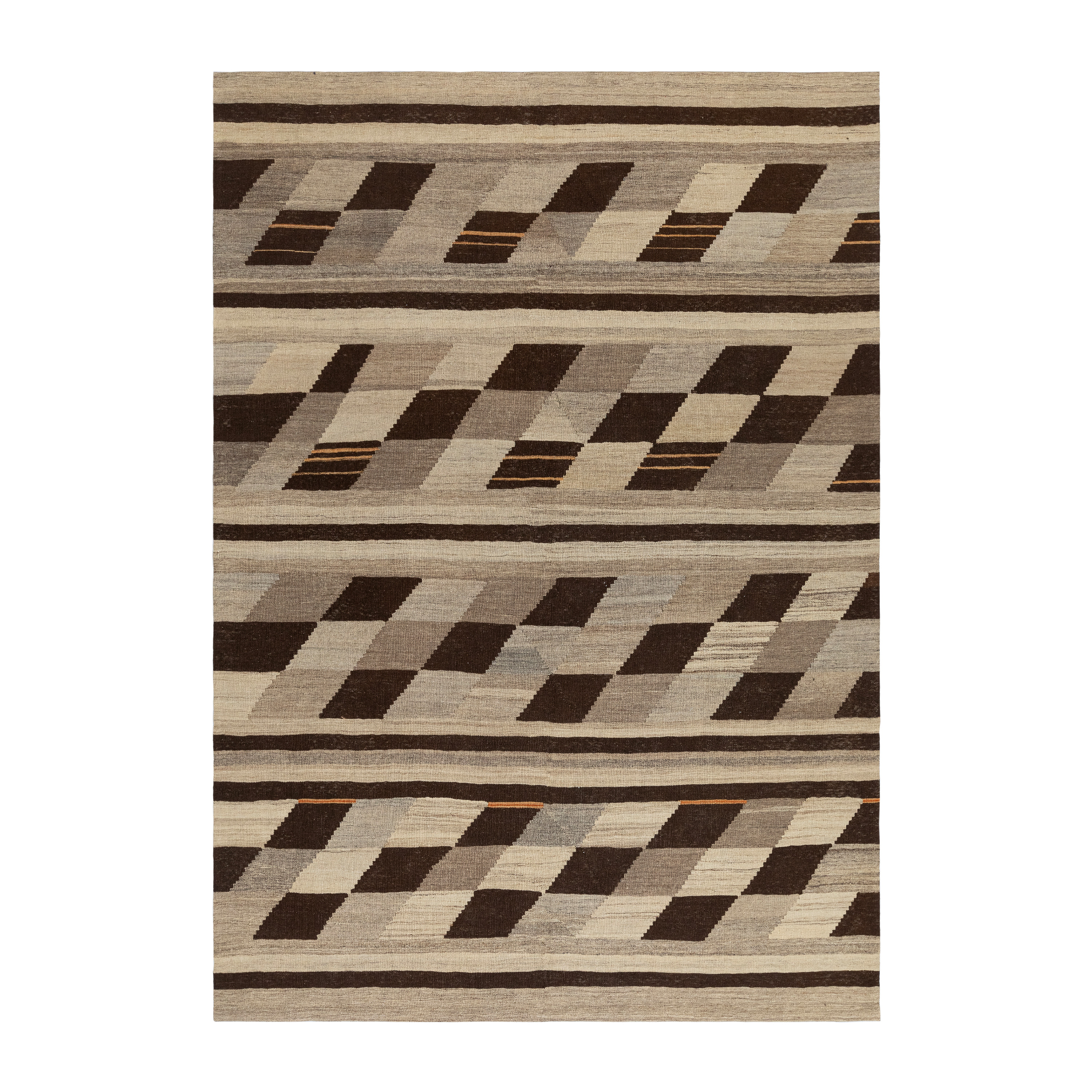 Modern geometric flatweave rug with diamond stripe motif in neutral earth tones – Handwoven by Nasiri