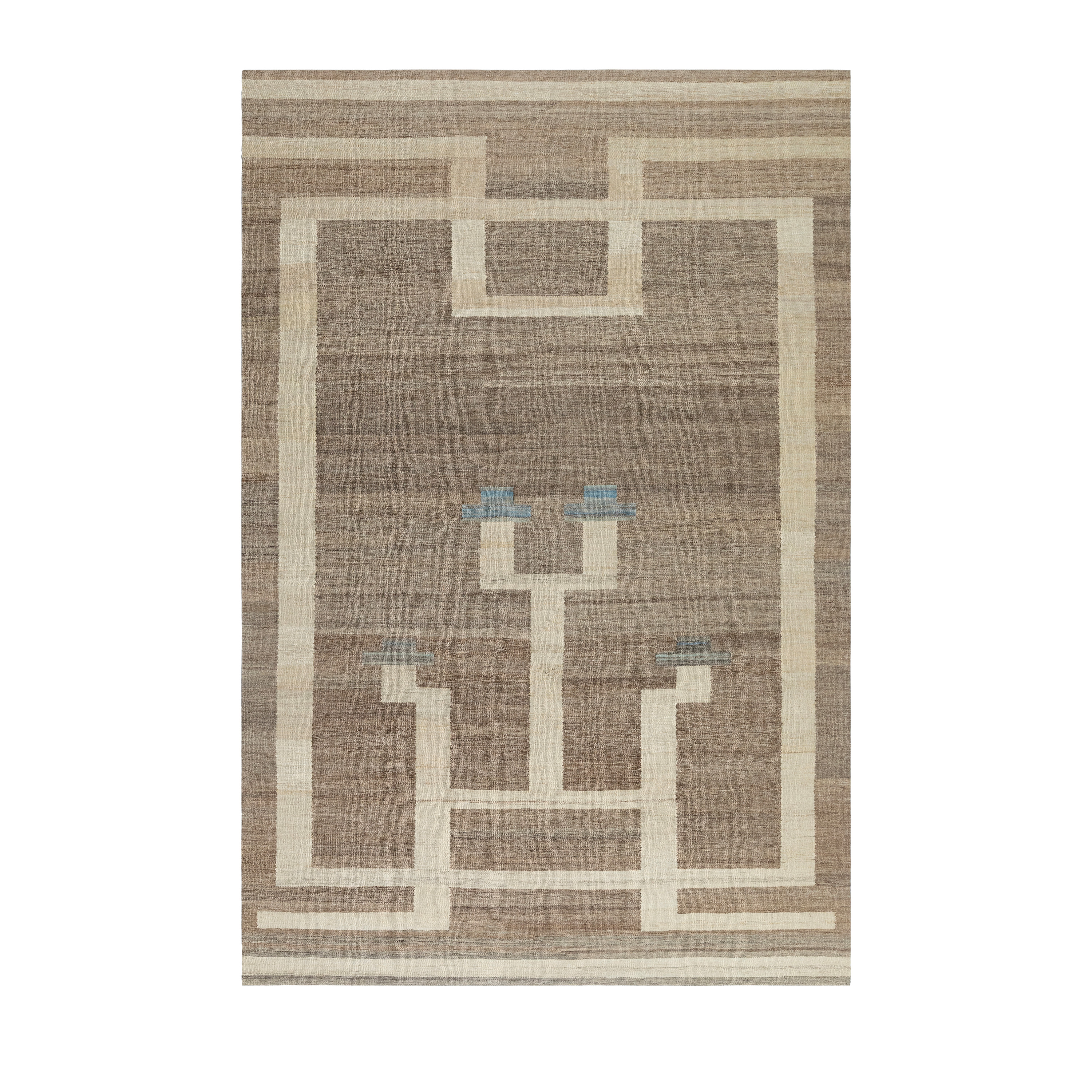 Modern Scandinavian kilim rug in neutral tones with blue accents, handwoven by Nasiri using undyed Persian wool.