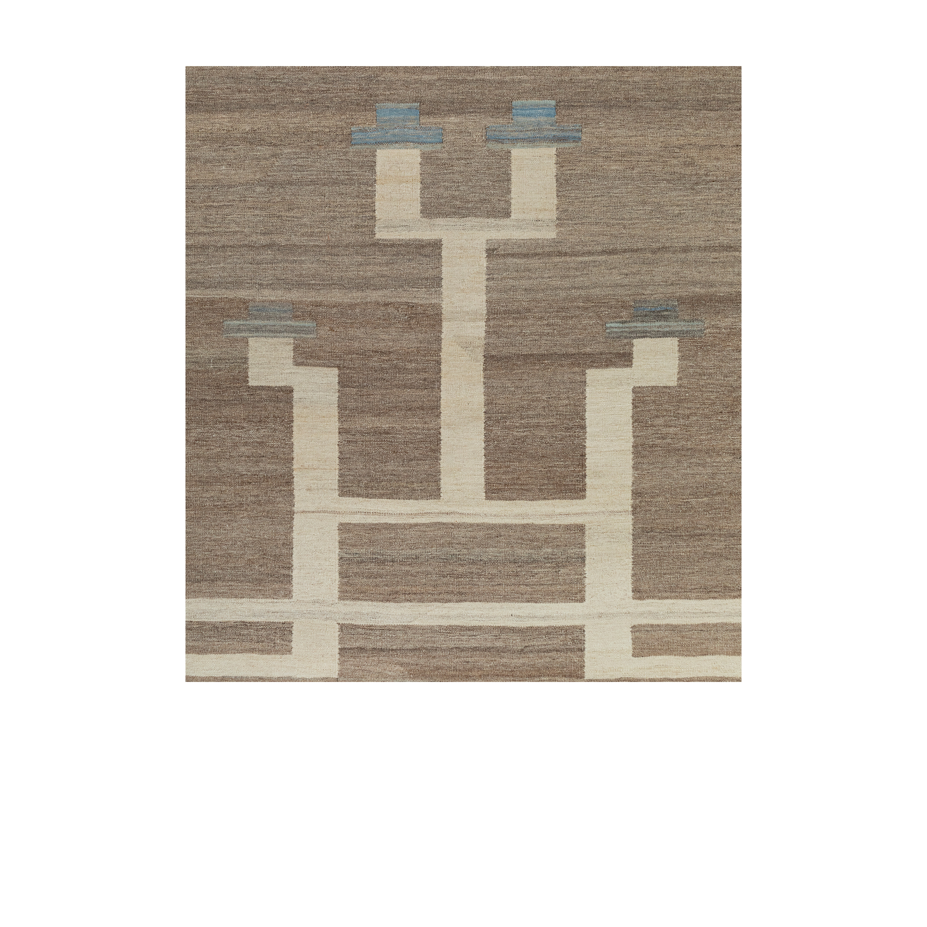 Modern Scandinavian kilim rug in neutral tones with blue accents, handwoven by Nasiri using undyed Persian wool.