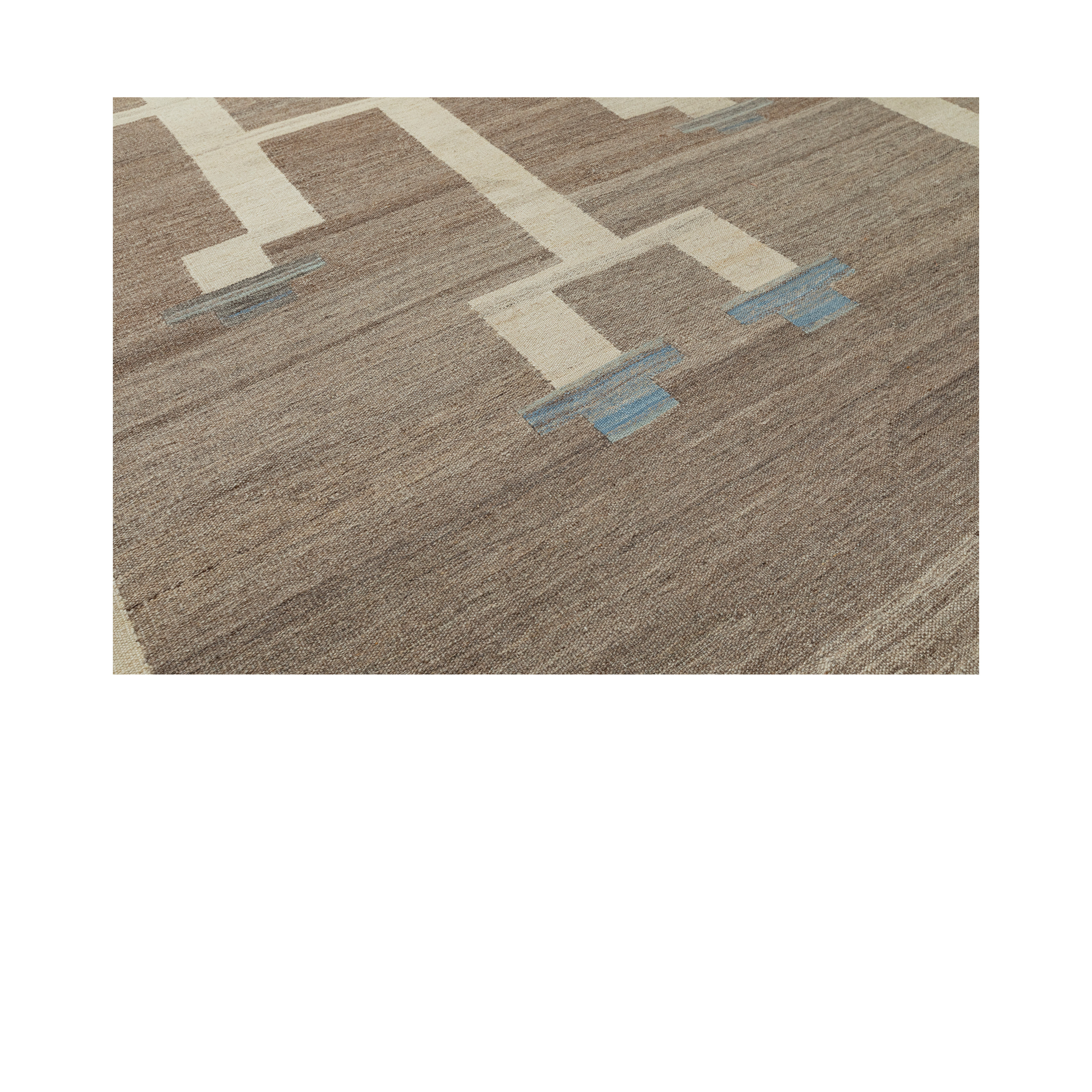 Modern Scandinavian kilim rug in neutral tones with blue accents, handwoven by Nasiri using undyed Persian wool.