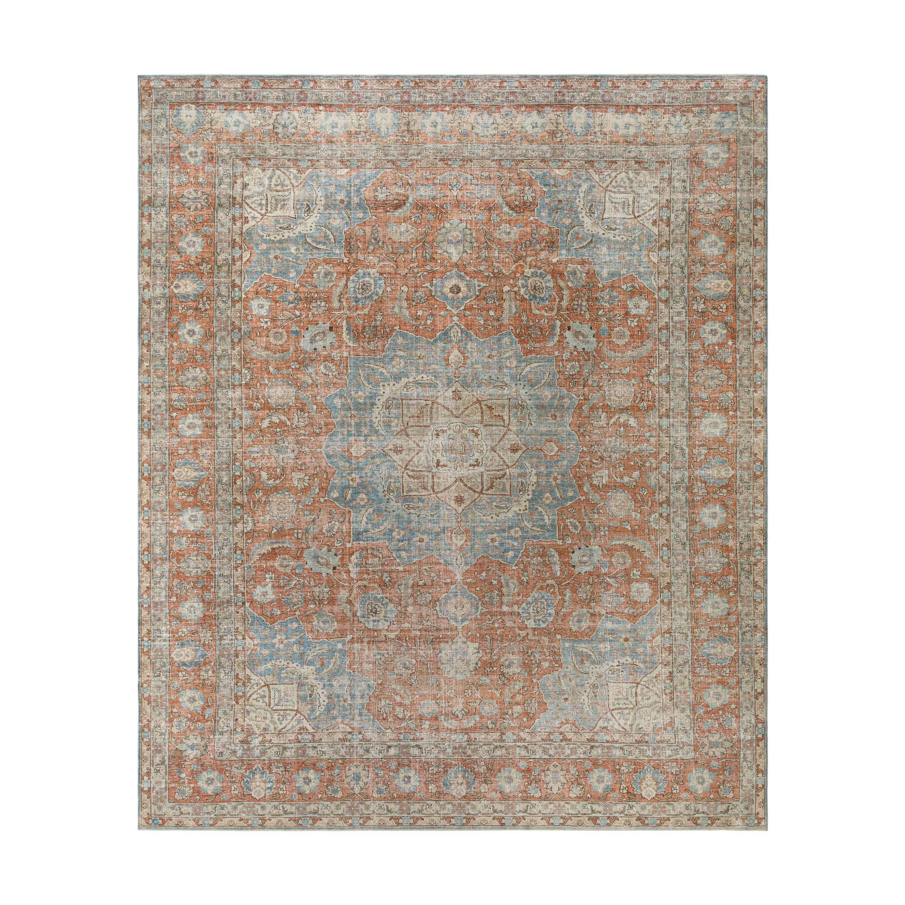 “Vintage Tabriz rug with medallion design in rust and blue tones, hand-knotted in Iran”