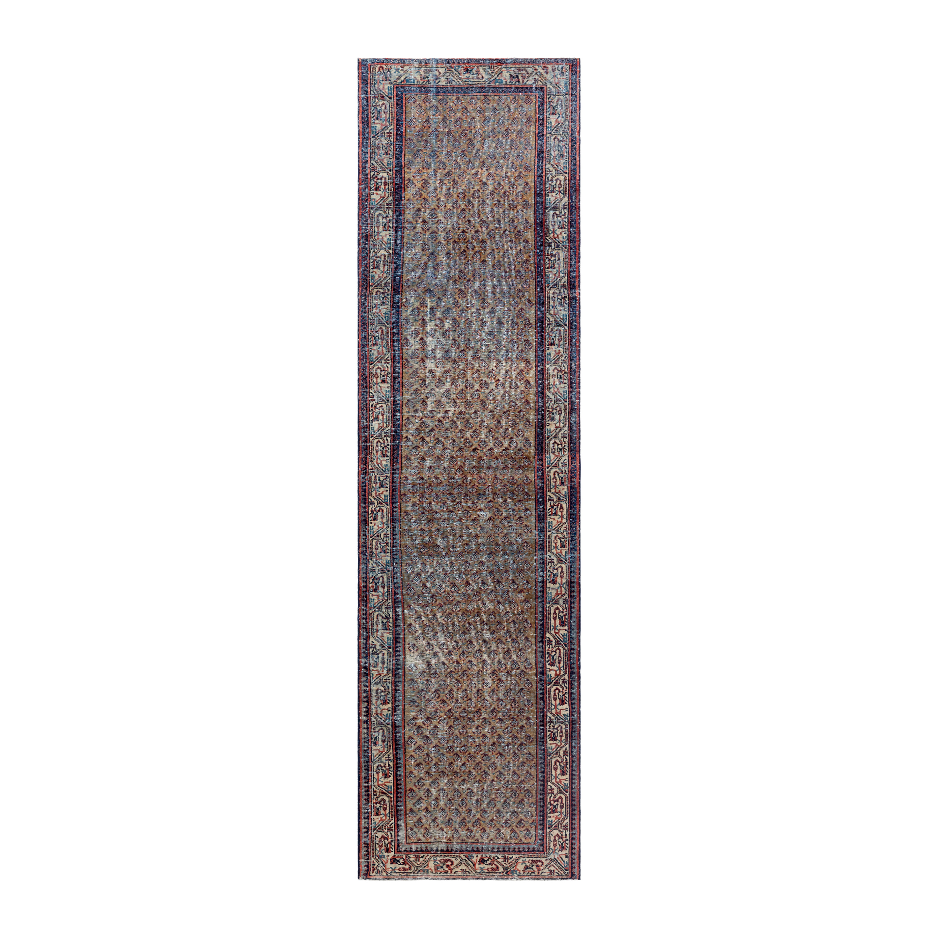 Vintage Persian rug runner with paisley design in worn, faded colors – shabby chic wool carpet