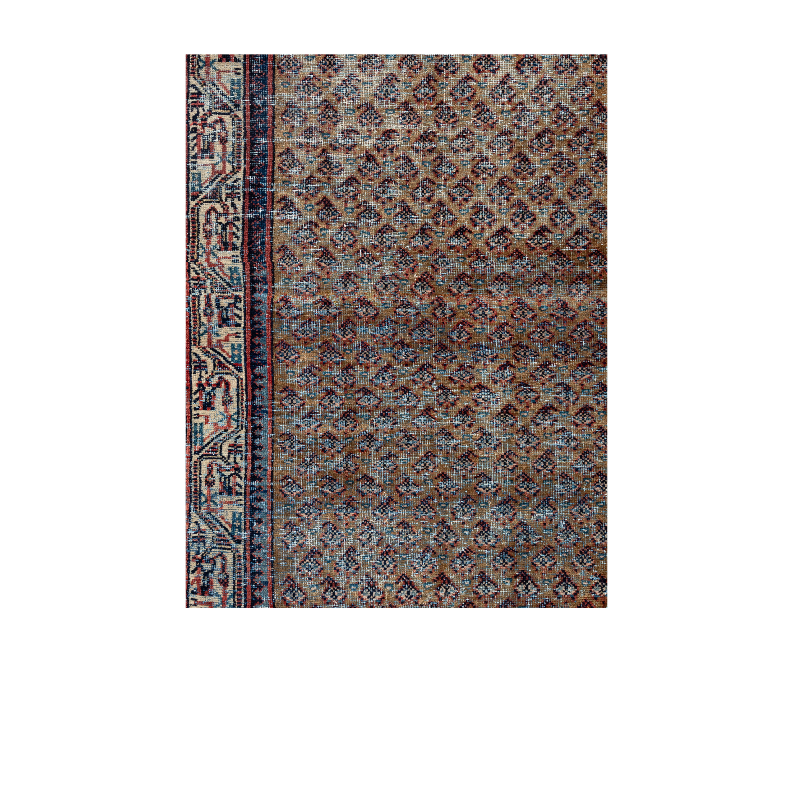Vintage Persian rug runner with paisley design in worn, faded colors – shabby chic wool carpet