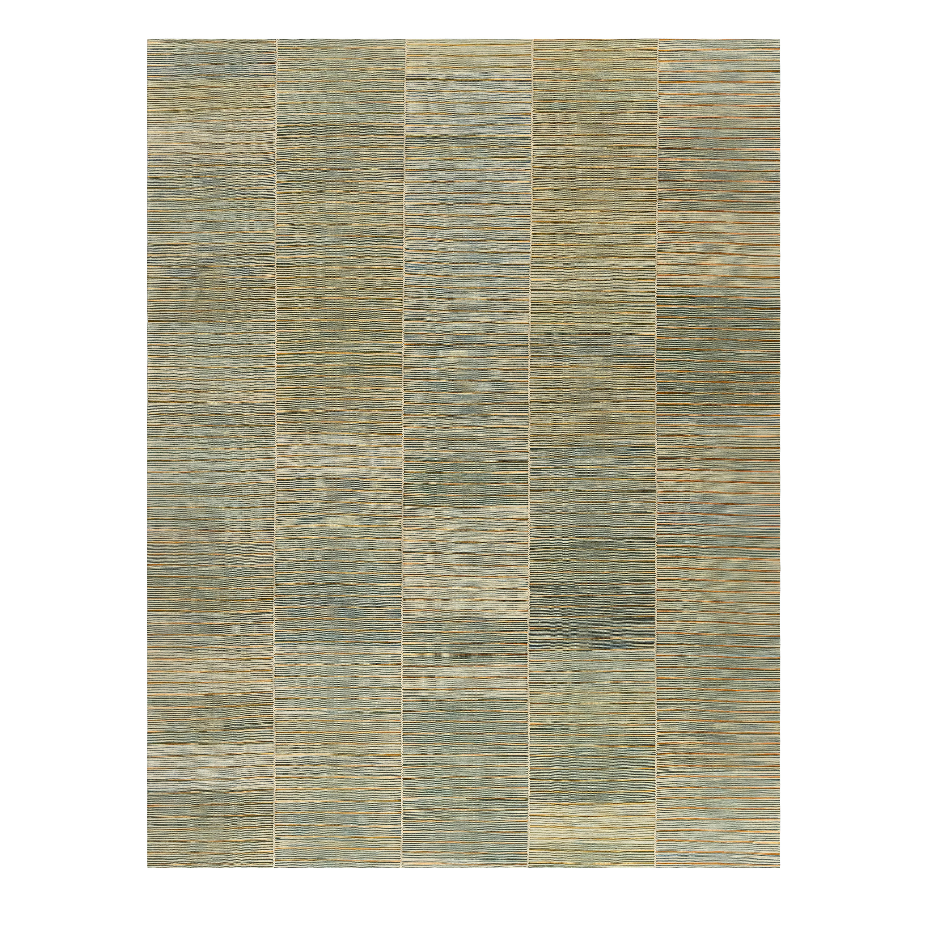 “Modern Mazandaran kilim rug by Nasiri Carpets in green with rust and yellow accents, handwoven wool flatweave”