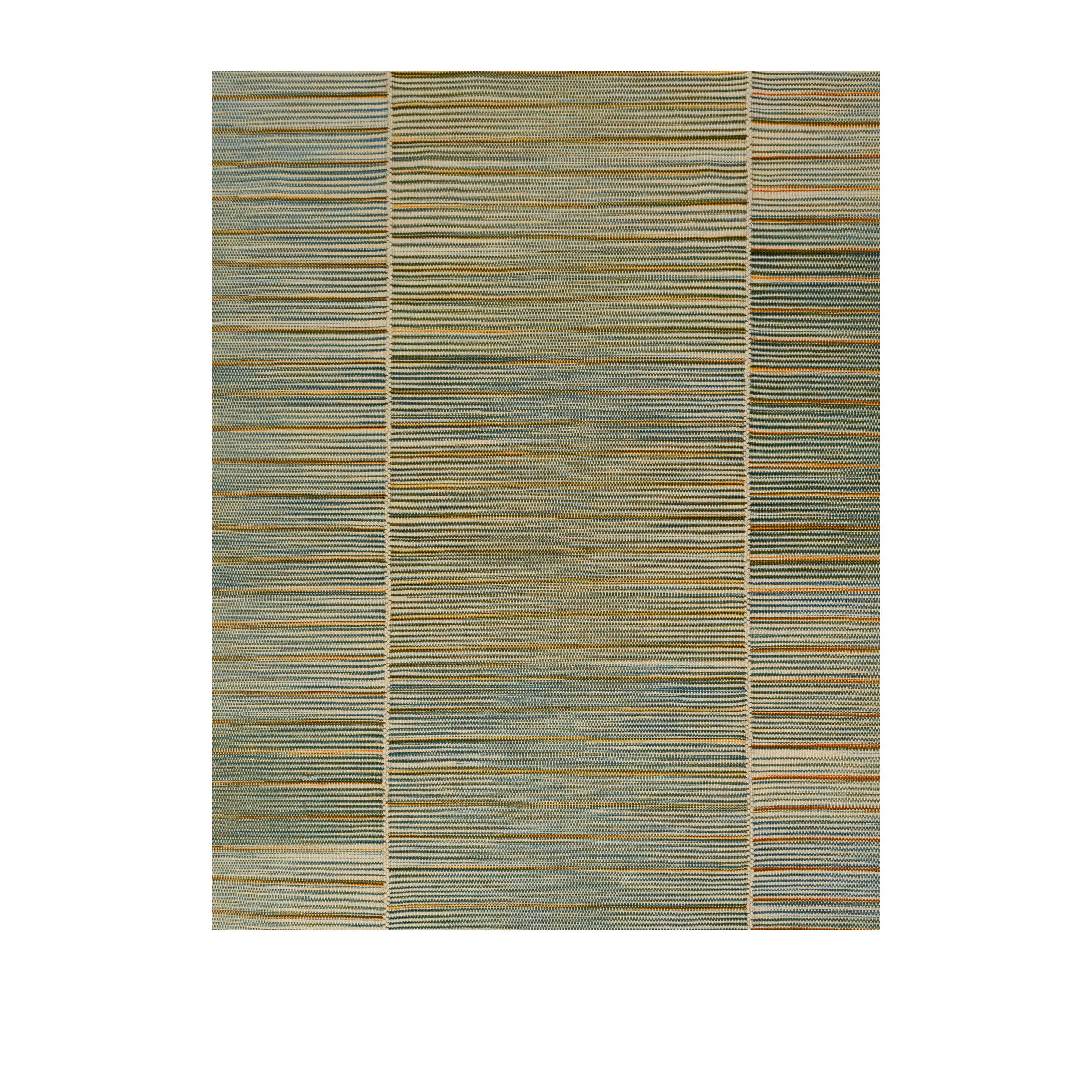“Modern Mazandaran kilim rug by Nasiri Carpets in green with rust and yellow accents, handwoven wool flatweave”
