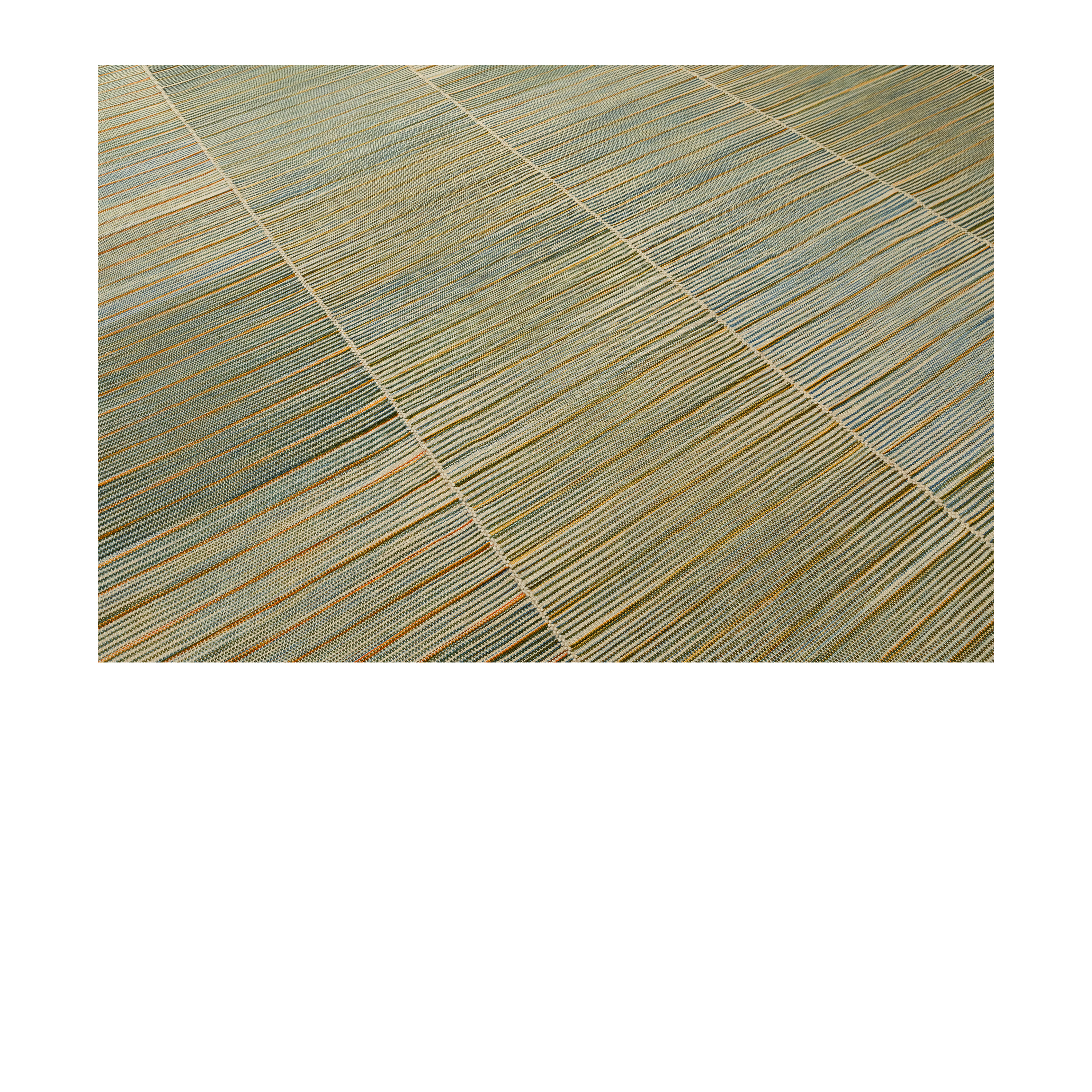 “Modern Mazandaran kilim rug by Nasiri Carpets in green with rust and yellow accents, handwoven wool flatweave”