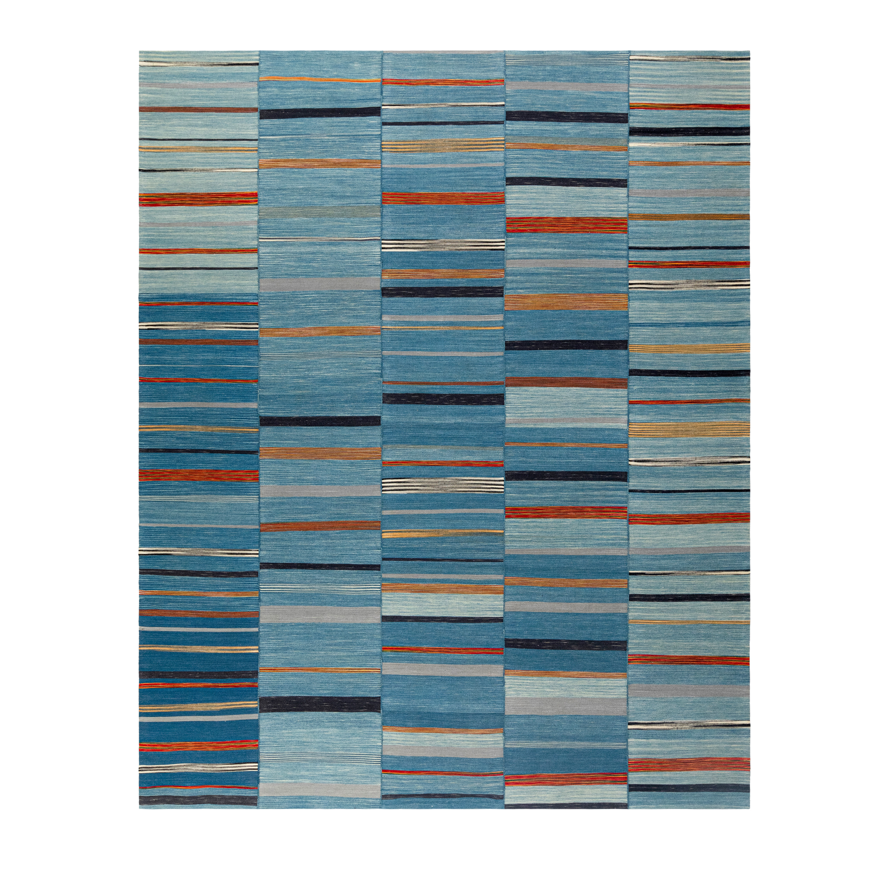 “Mazandaran kilim flatweave rug in blue with horizontal multicolor stripes, handwoven with wool and natural dyes – modern Persian rug by Nasiri Carpets”