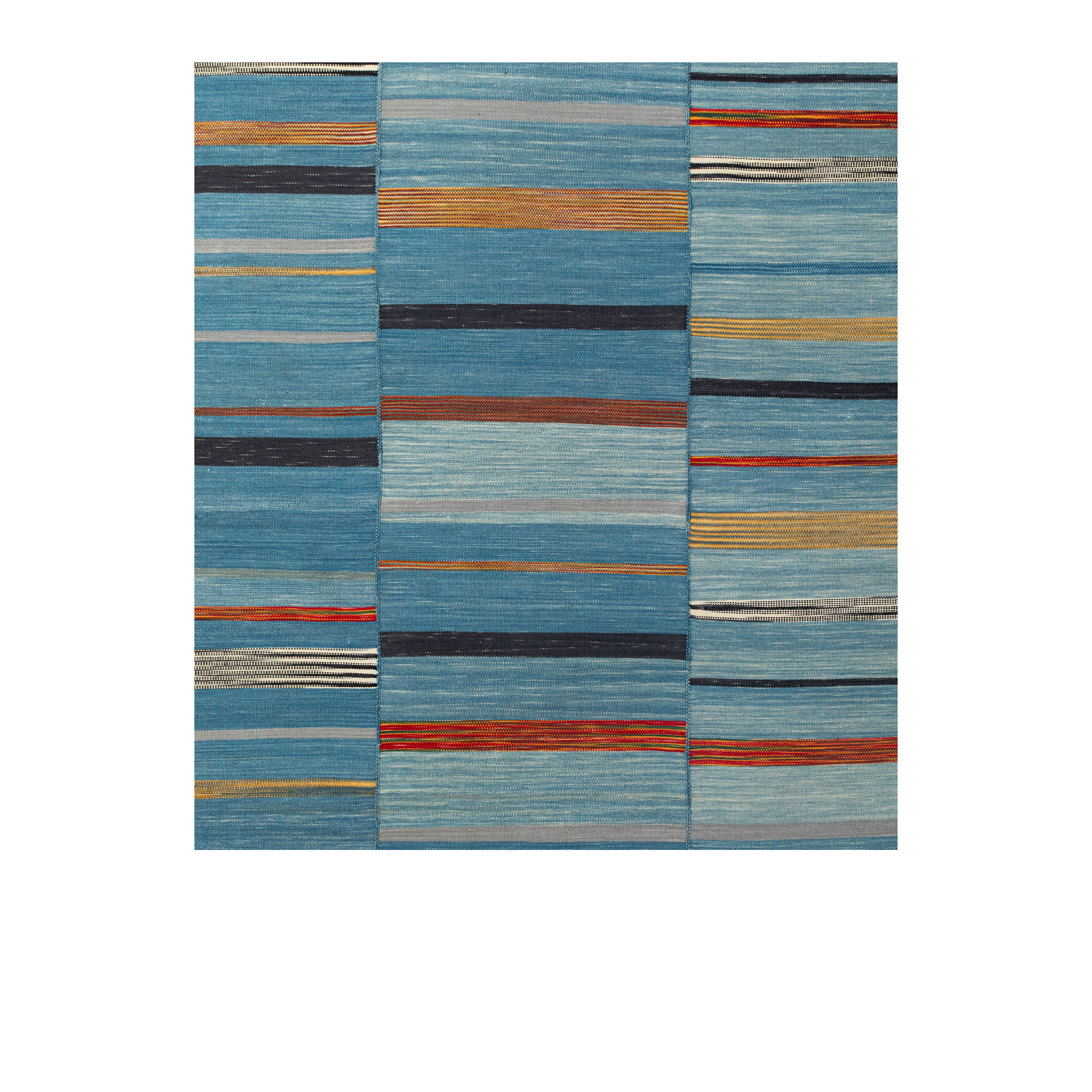 “Mazandaran kilim flatweave rug in blue with horizontal multicolor stripes, handwoven with wool and natural dyes – modern Persian rug by Nasiri Carpets”