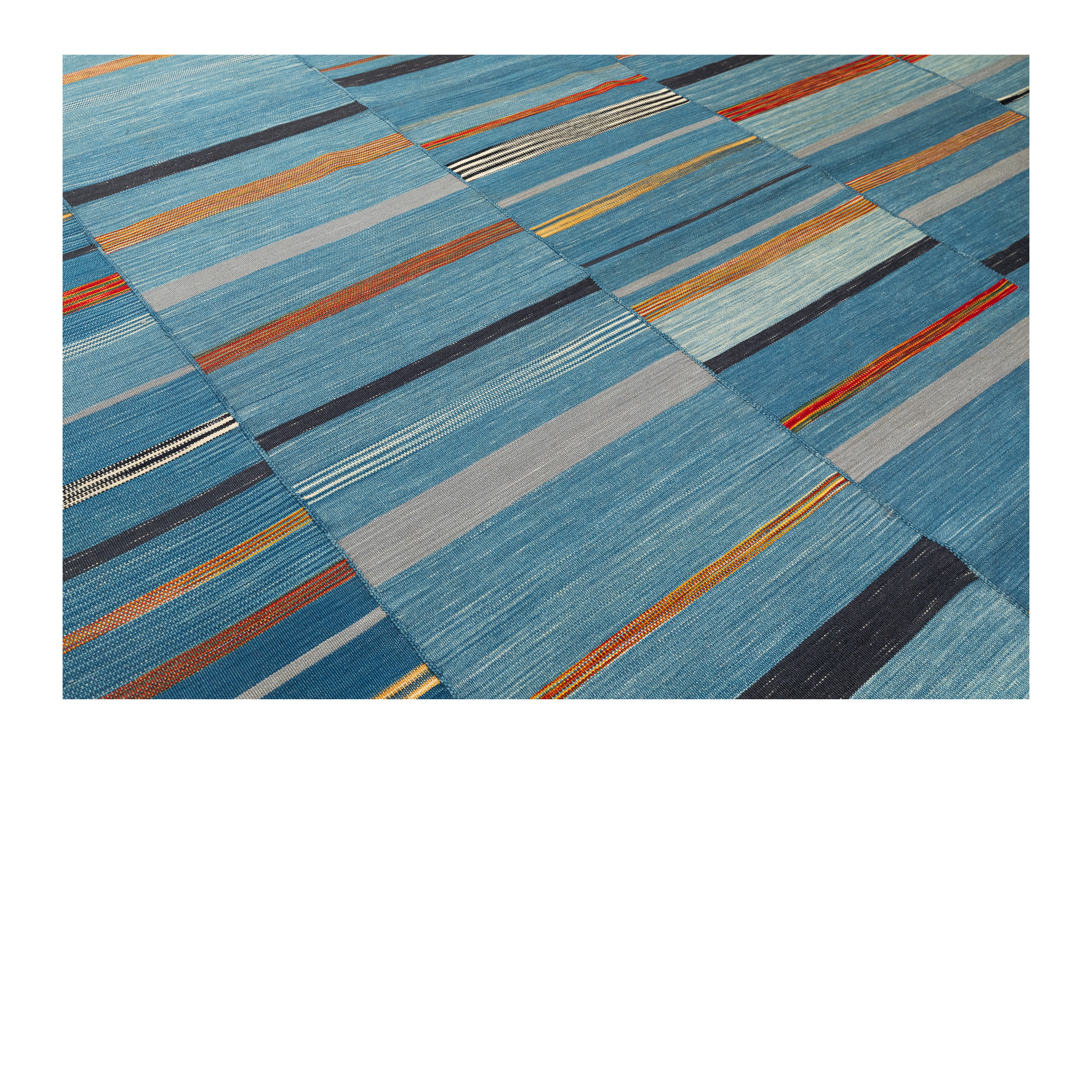 “Mazandaran kilim flatweave rug in blue with horizontal multicolor stripes, handwoven with wool and natural dyes – modern Persian rug by Nasiri Carpets”