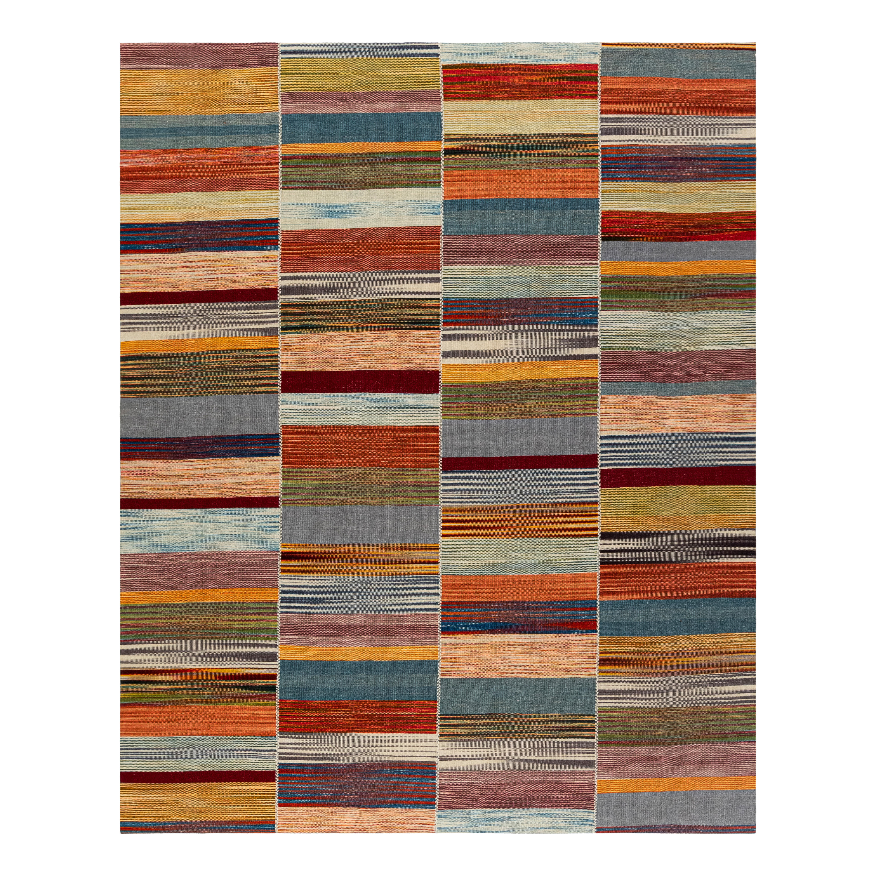 “Mazandaran kilim rug in multicolor horizontal stripes, handwoven with natural dyed wool – custom artisan flatweave by Nasiri Carpets”