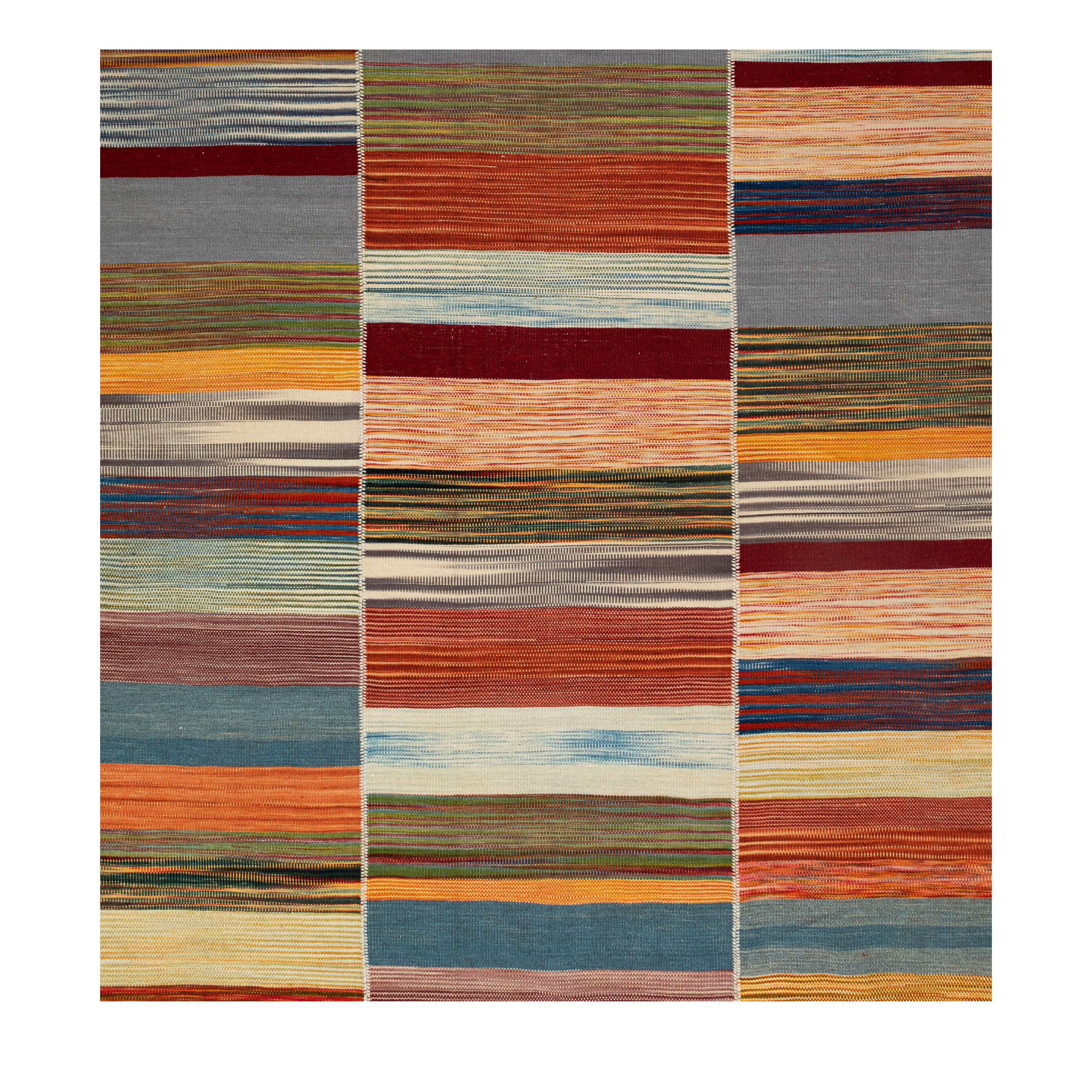 “Mazandaran kilim rug in multicolor horizontal stripes, handwoven with natural dyed wool – custom artisan flatweave by Nasiri Carpets”