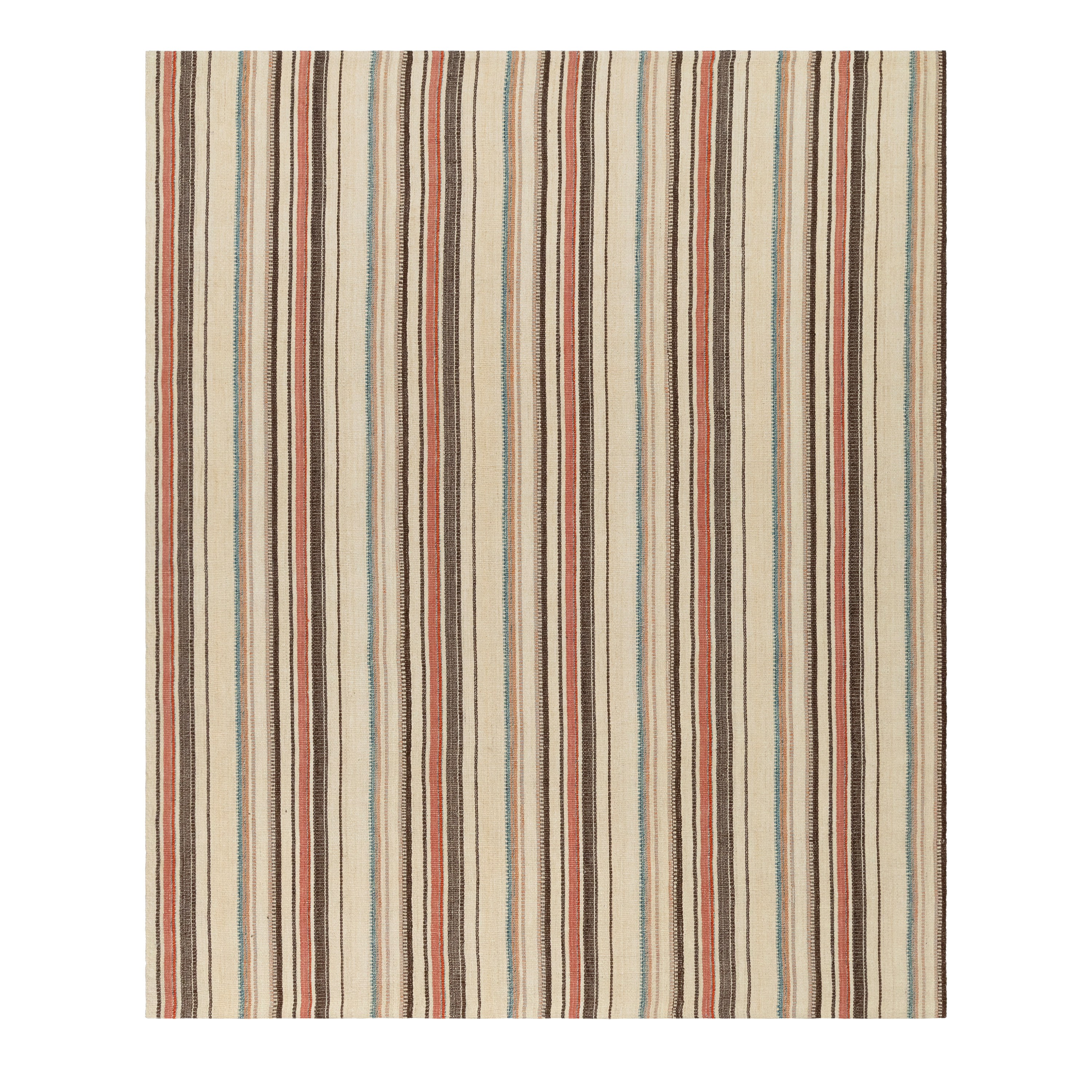 “Pelas kilim rug with multicolor vertical stripes on beige, inspired by antique Kurdish kilims, handwoven in wool with natural dyes – by Nasiri Carpets”