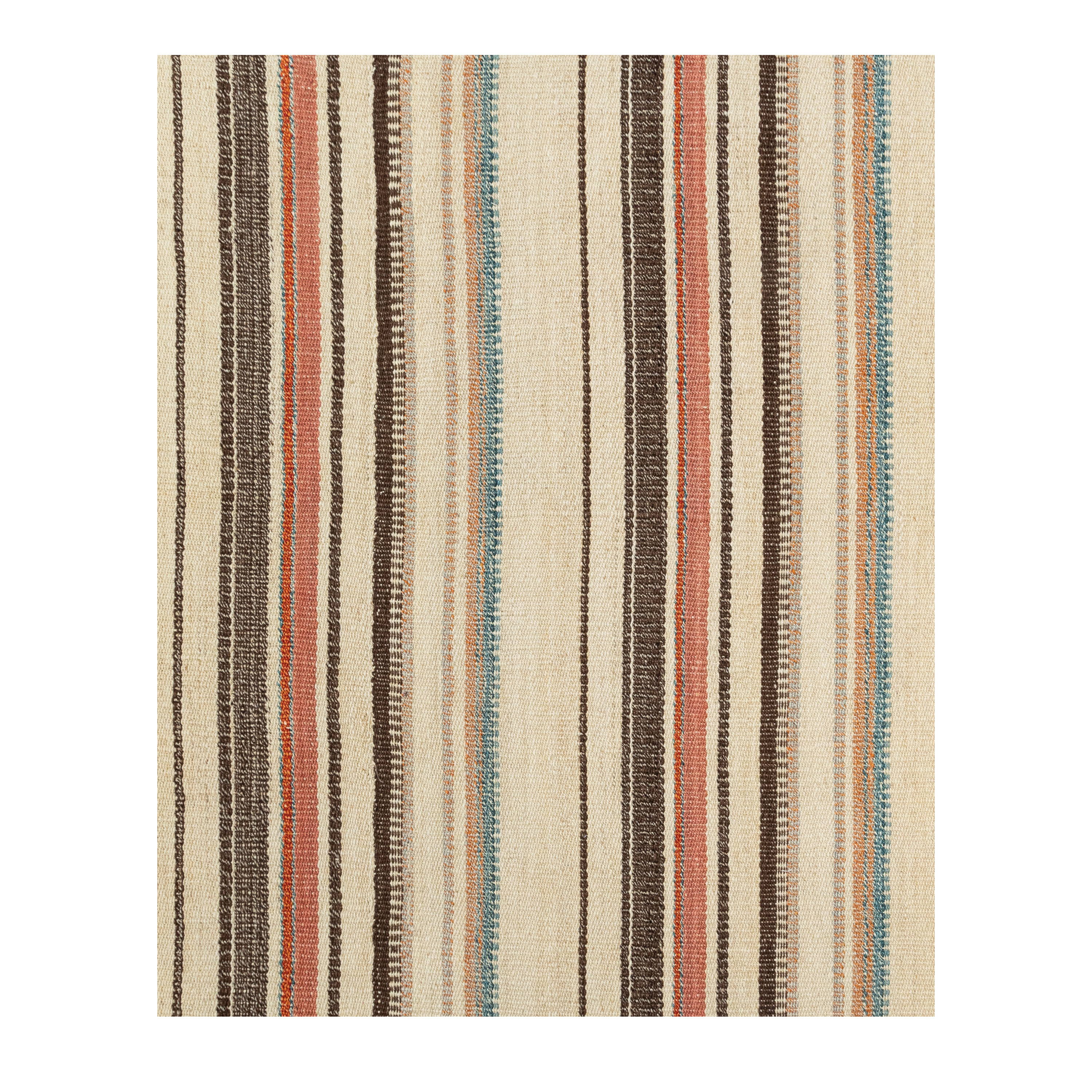 “Pelas kilim rug with multicolor vertical stripes on beige, inspired by antique Kurdish kilims, handwoven in wool with natural dyes – by Nasiri Carpets”