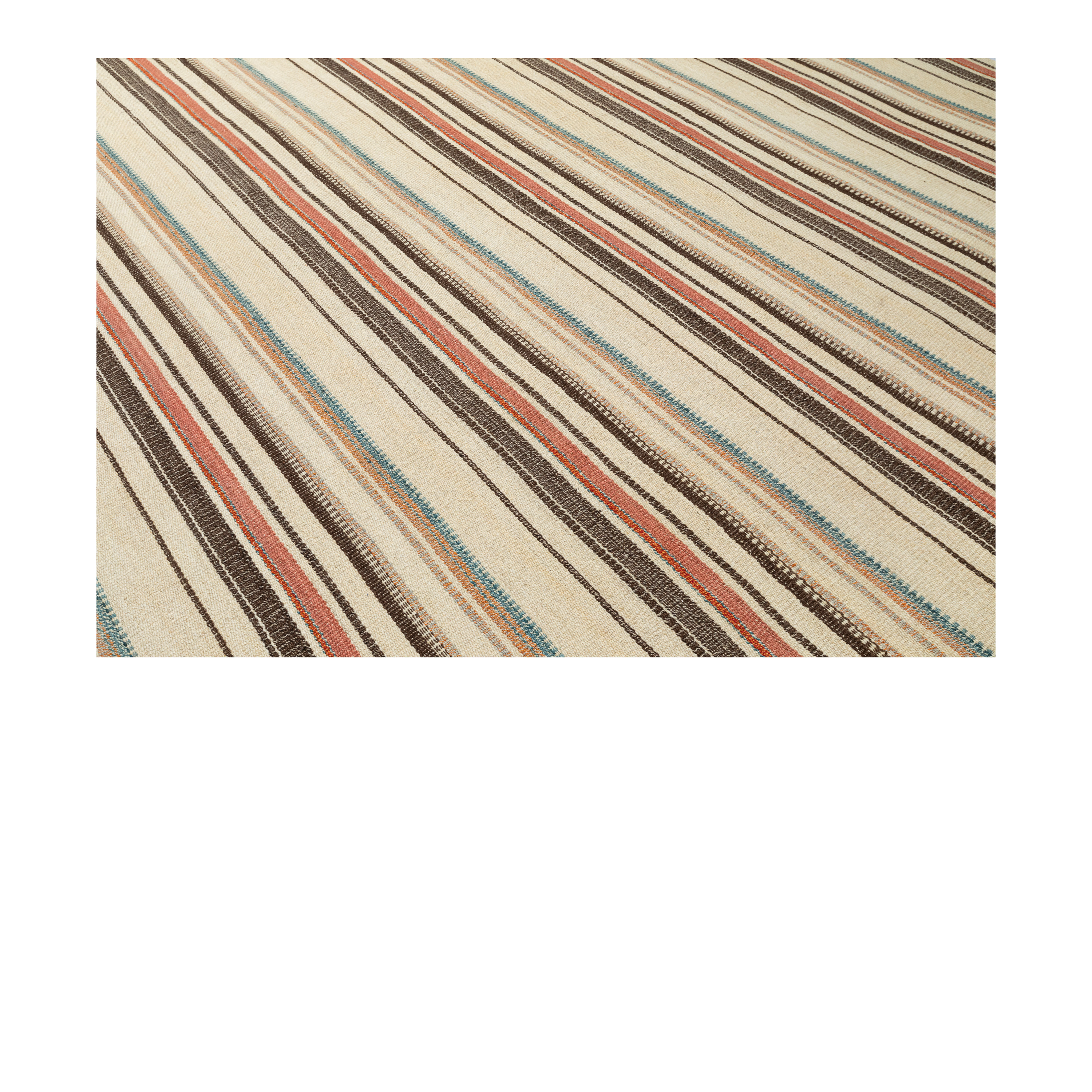 “Pelas kilim rug with multicolor vertical stripes on beige, inspired by antique Kurdish kilims, handwoven in wool with natural dyes – by Nasiri Carpets”
