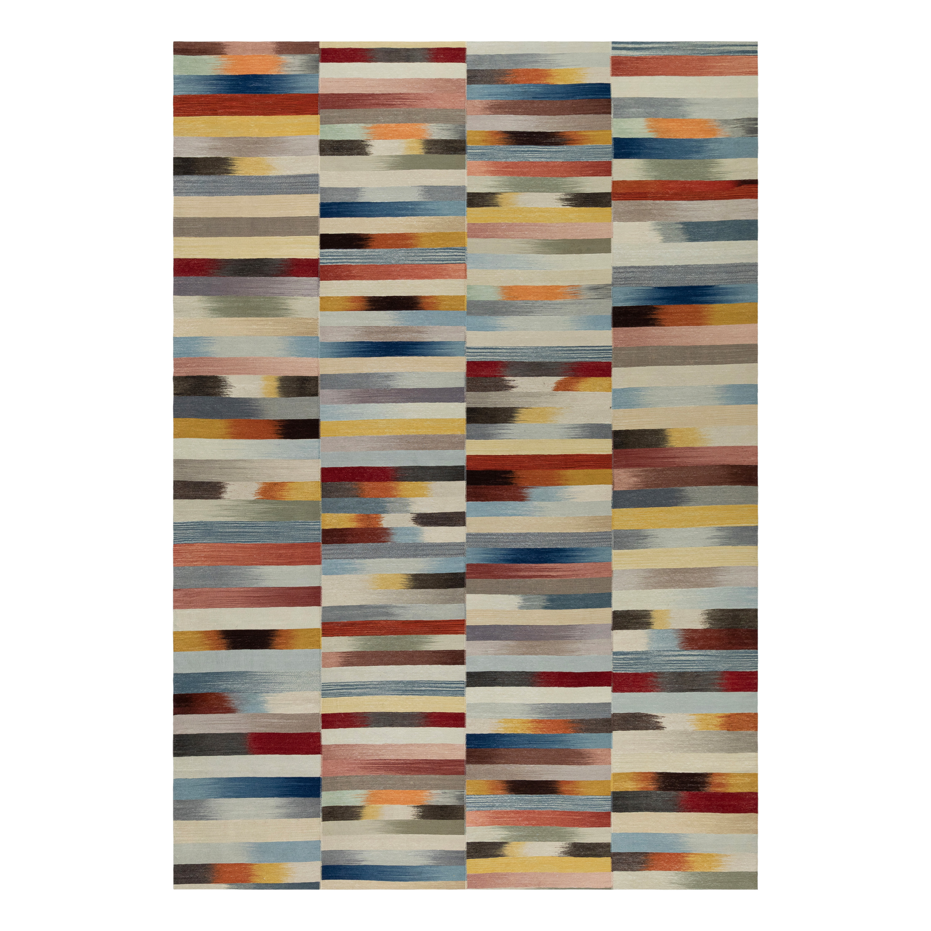 “Mazandaran kilim rug with multicolor painterly stripes in vertical panels, handwoven in wool using natural dyes – modern Persian flatweave by Nasiri Carpets”