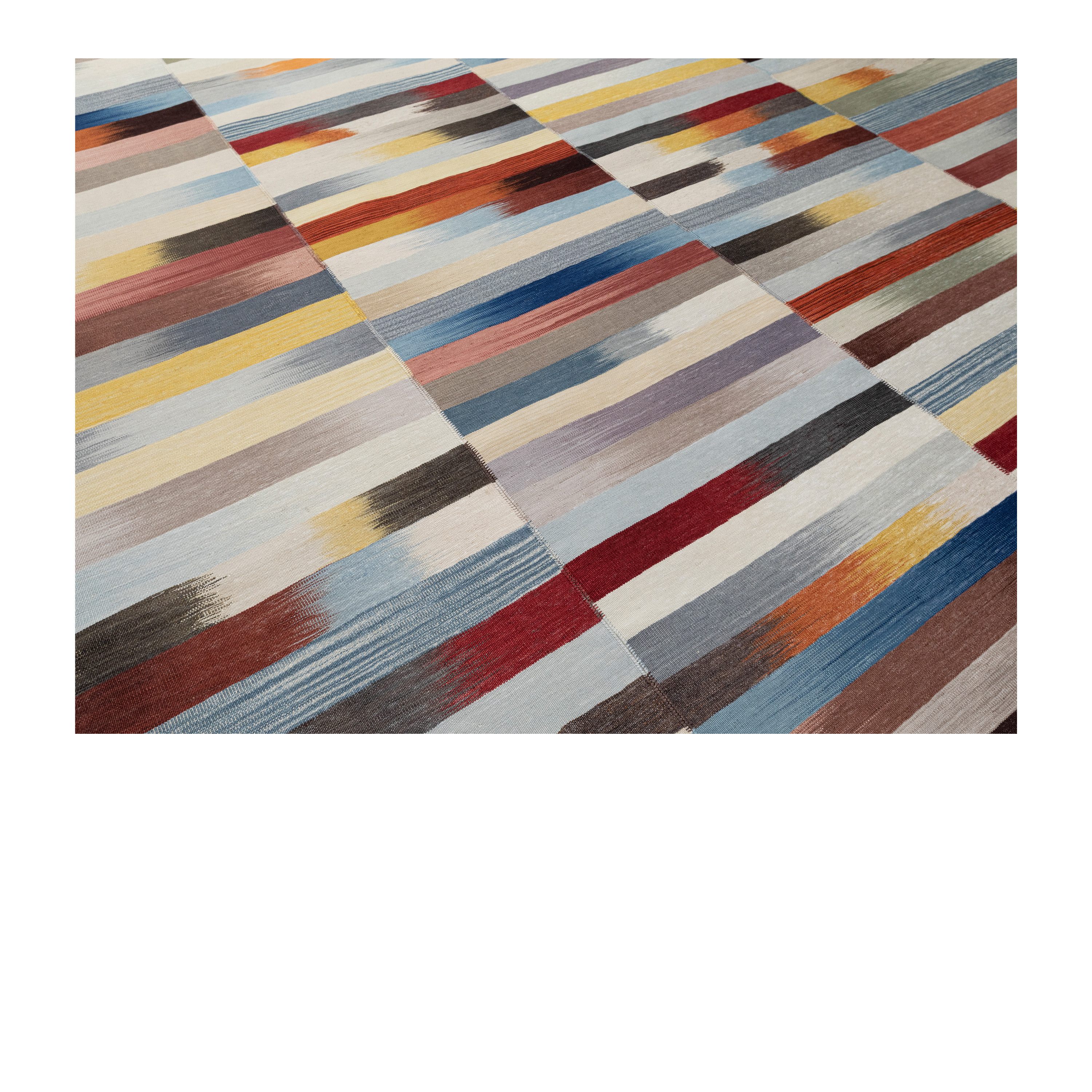 “Mazandaran kilim rug with multicolor painterly stripes in vertical panels, handwoven in wool using natural dyes – modern Persian flatweave by Nasiri Carpets”