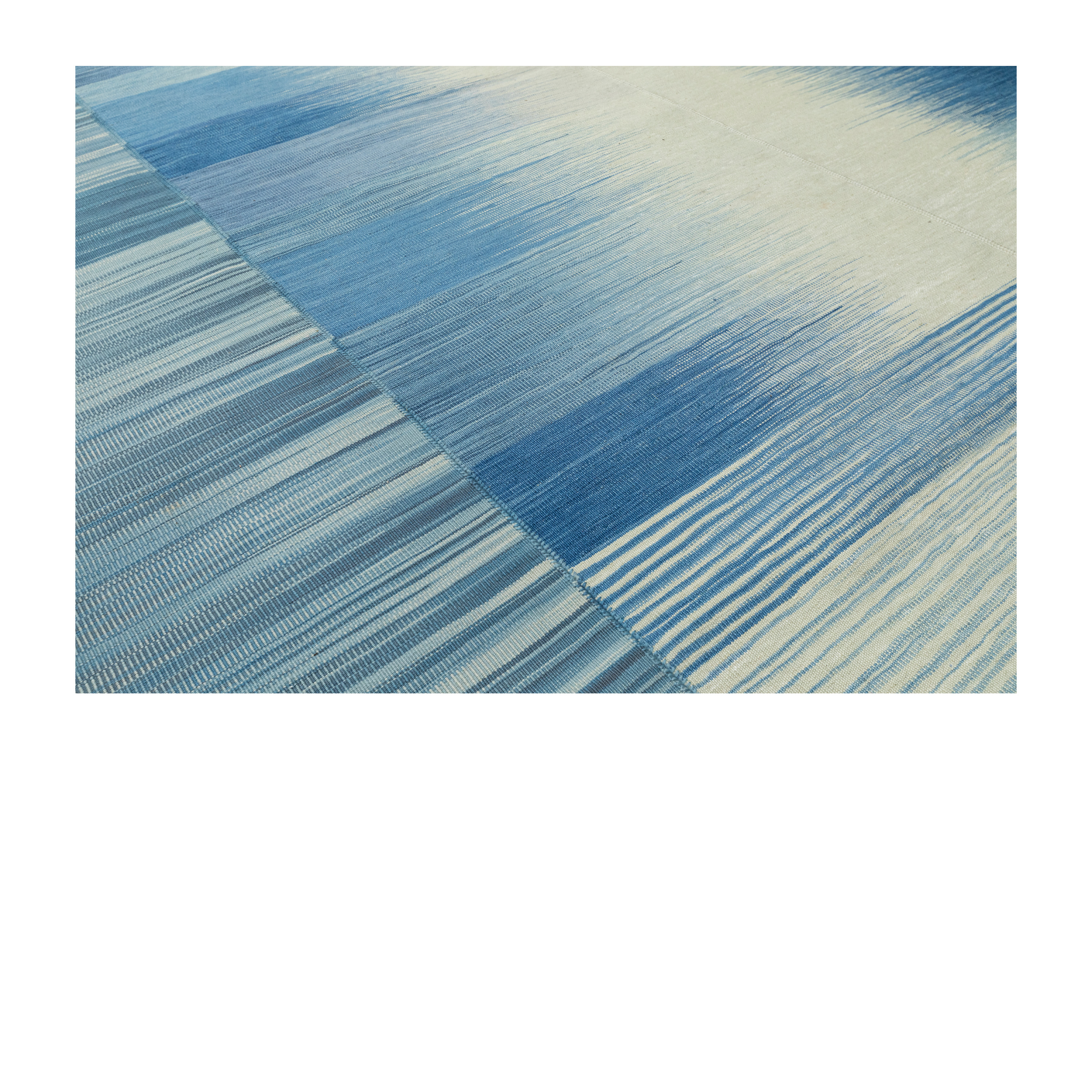 “Mazandaran Kia Sar kilim rug in tonal blues, handwoven wool with natural dyes – minimalist Persian flatweave by Nasiri Carpets”