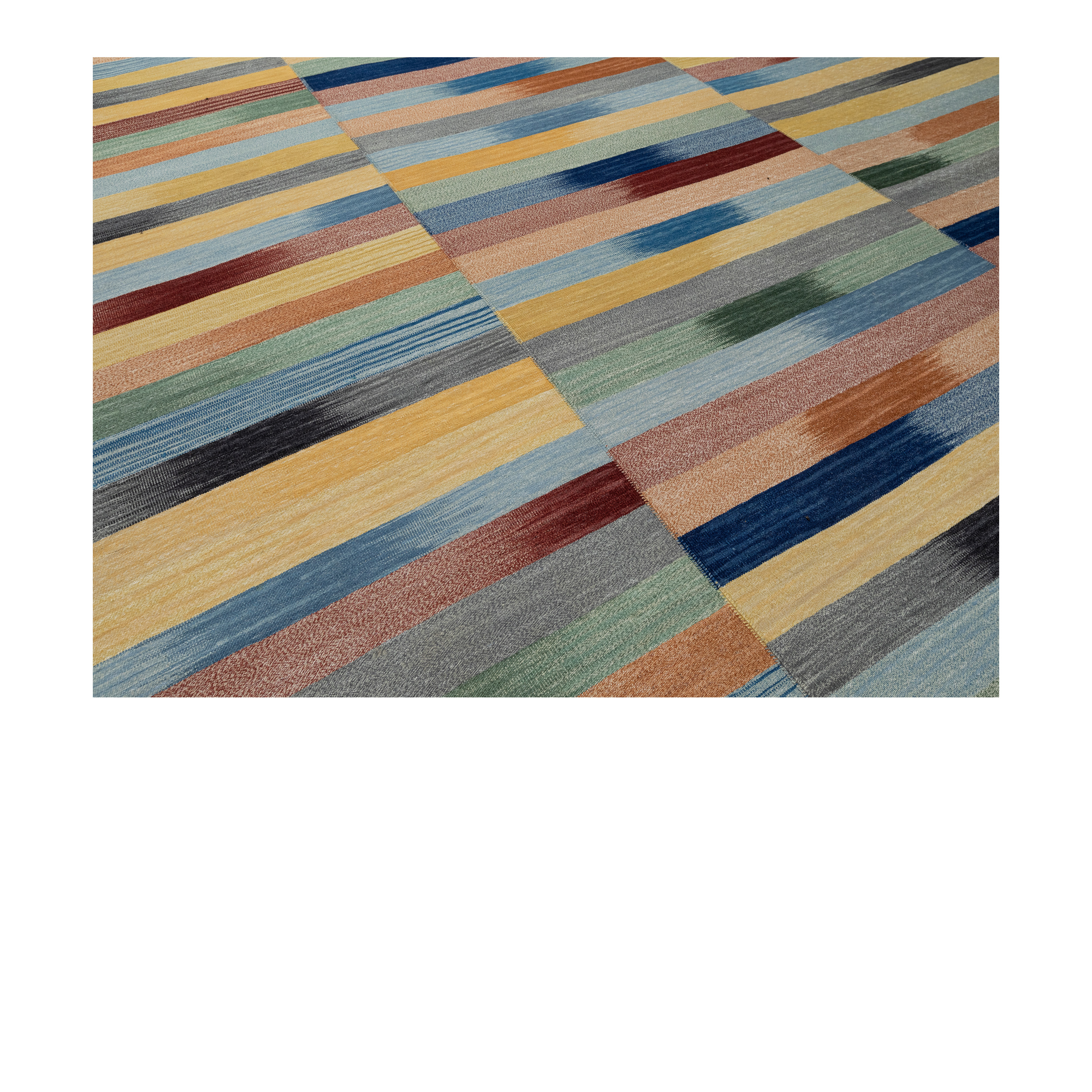 “Mazandaran kilim rug in multicolor horizontal stripes with vertical panels, handwoven wool and natural dye – artisan Persian flatweave by Nasiri Carpets”