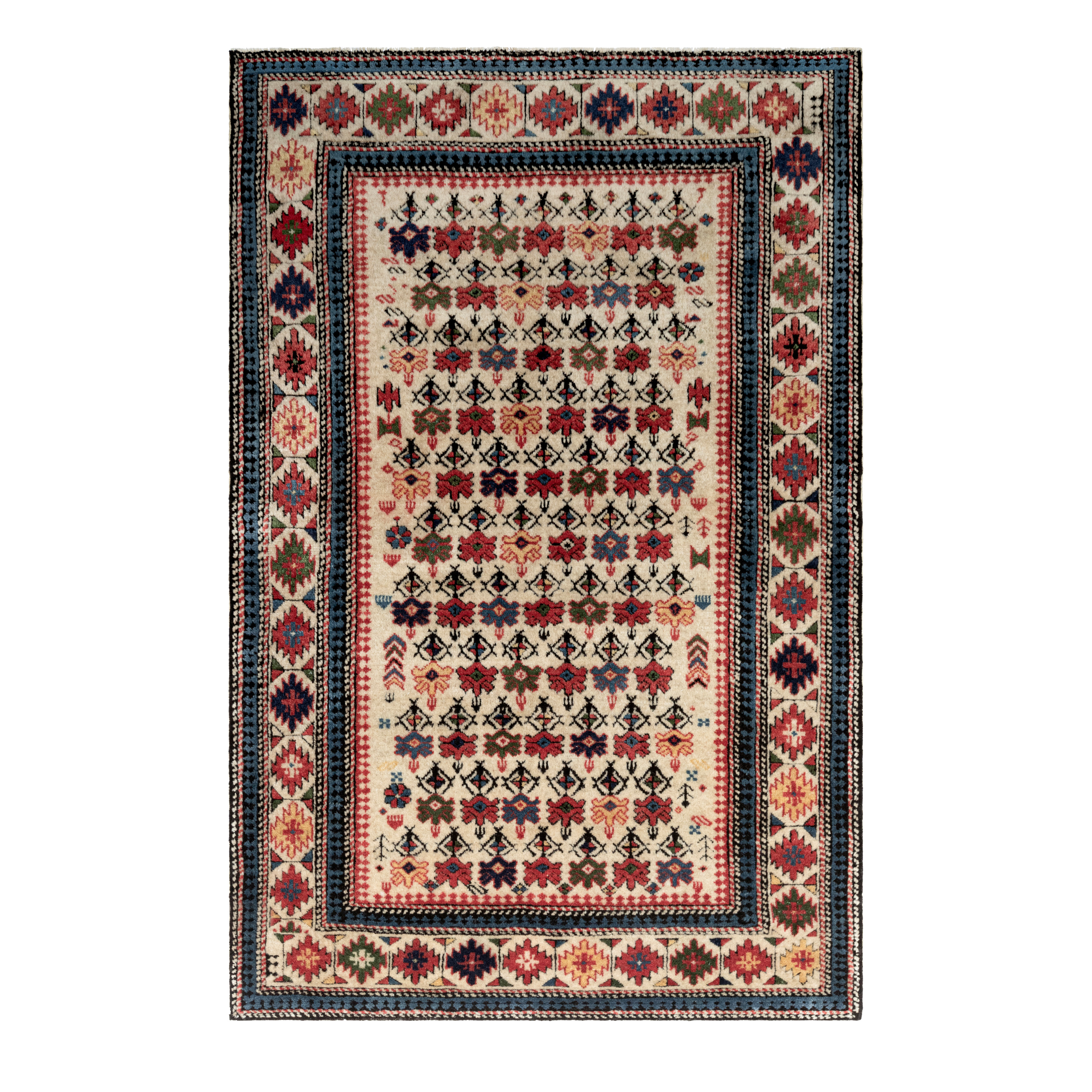 “Caucasian Shirvan-style rug with tribal medallions and ivory field, handwoven in Azerbaijan using hand-spun wool and natural dyes – heirloom reproduction by Nasiri Carpets”