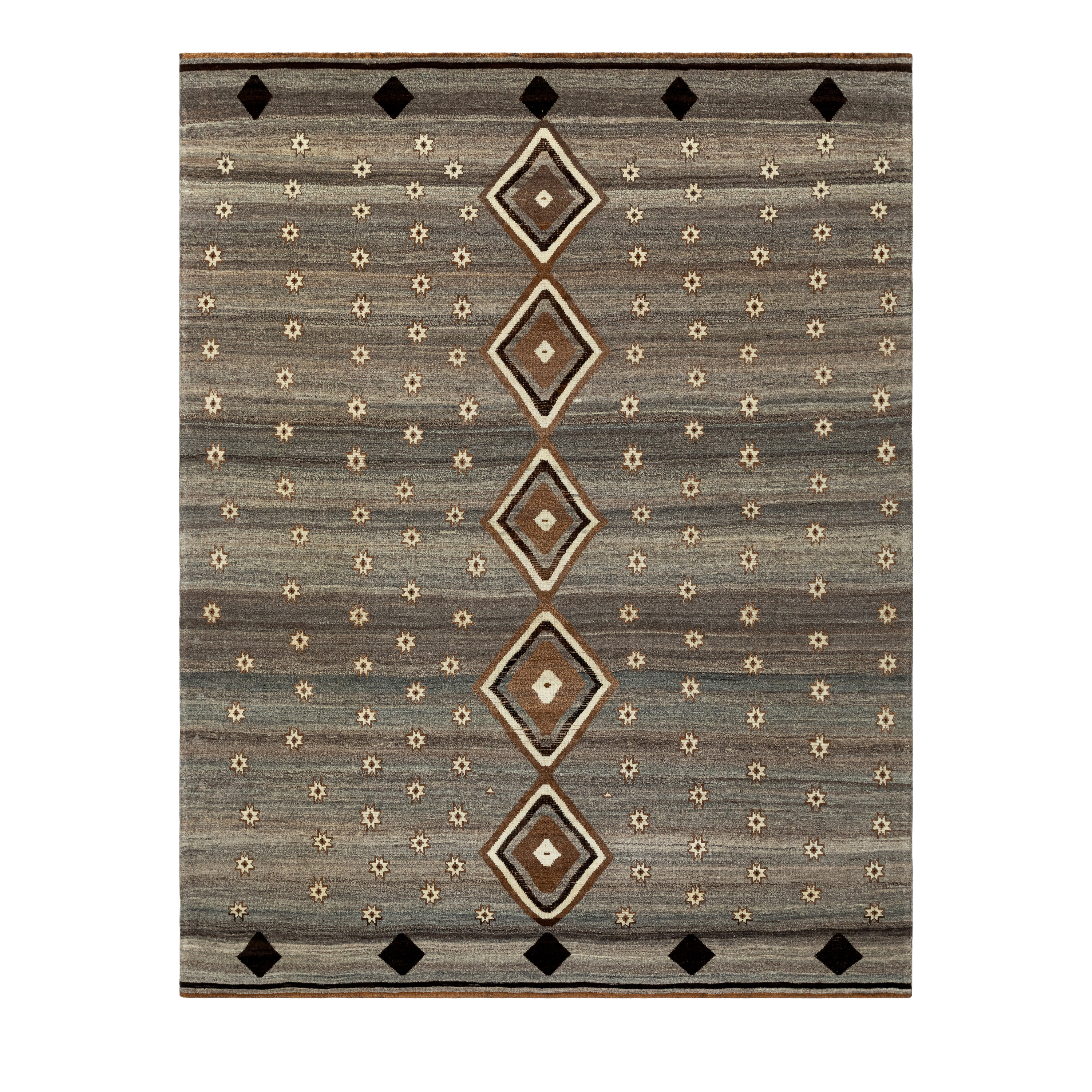 “Gabbeh rug from Shiraz with diamond medallions and star motifs, handwoven in wool with natural dyes – modern Persian tribal rug by Nasiri Carpets”