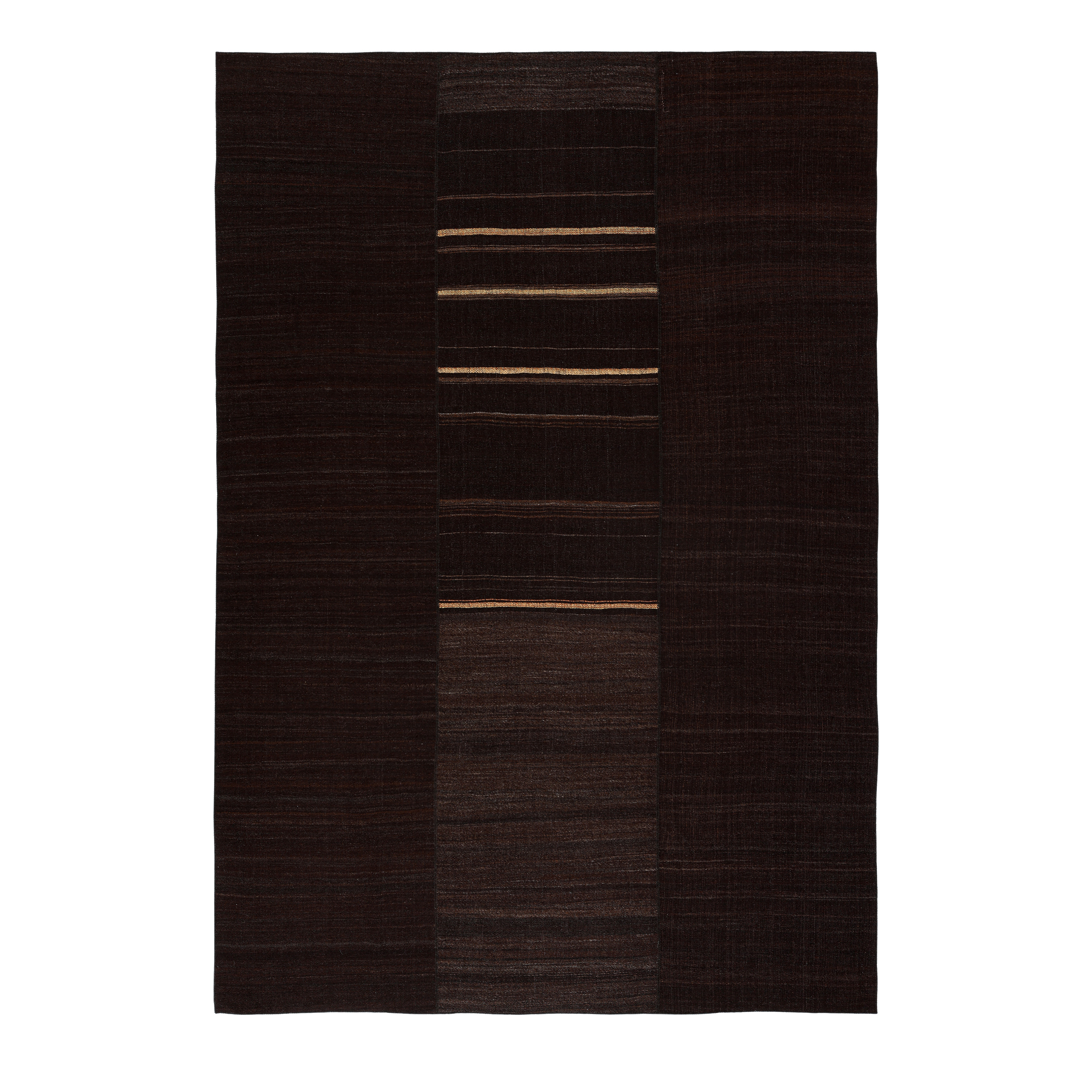“Vintage Shiraz goat hair flatweave rug with three-panel minimalist design and dark brown-black color – handmade by Nasiri Carpets”