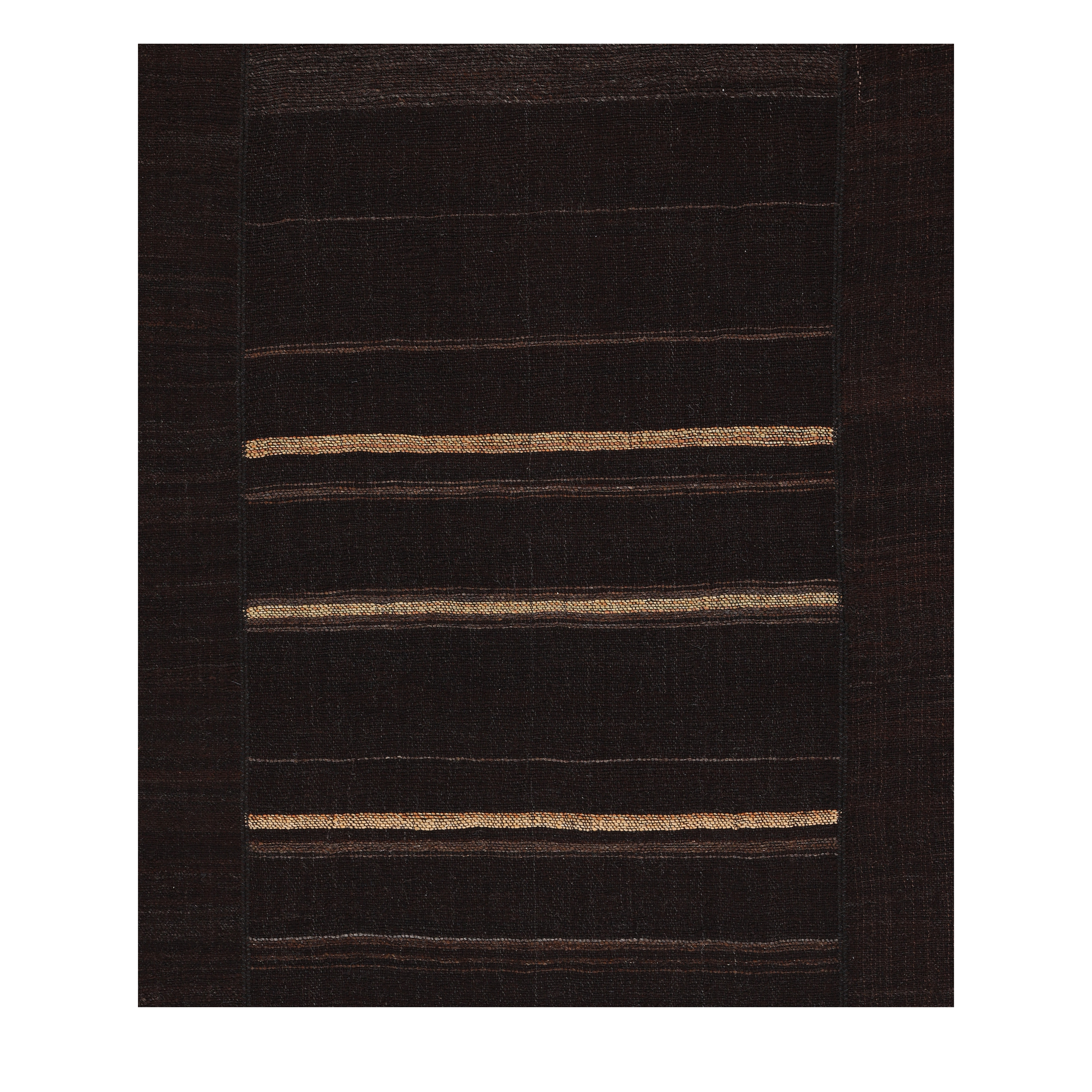 “Vintage Shiraz goat hair flatweave rug with three-panel minimalist design and dark brown-black color – handmade by Nasiri Carpets”