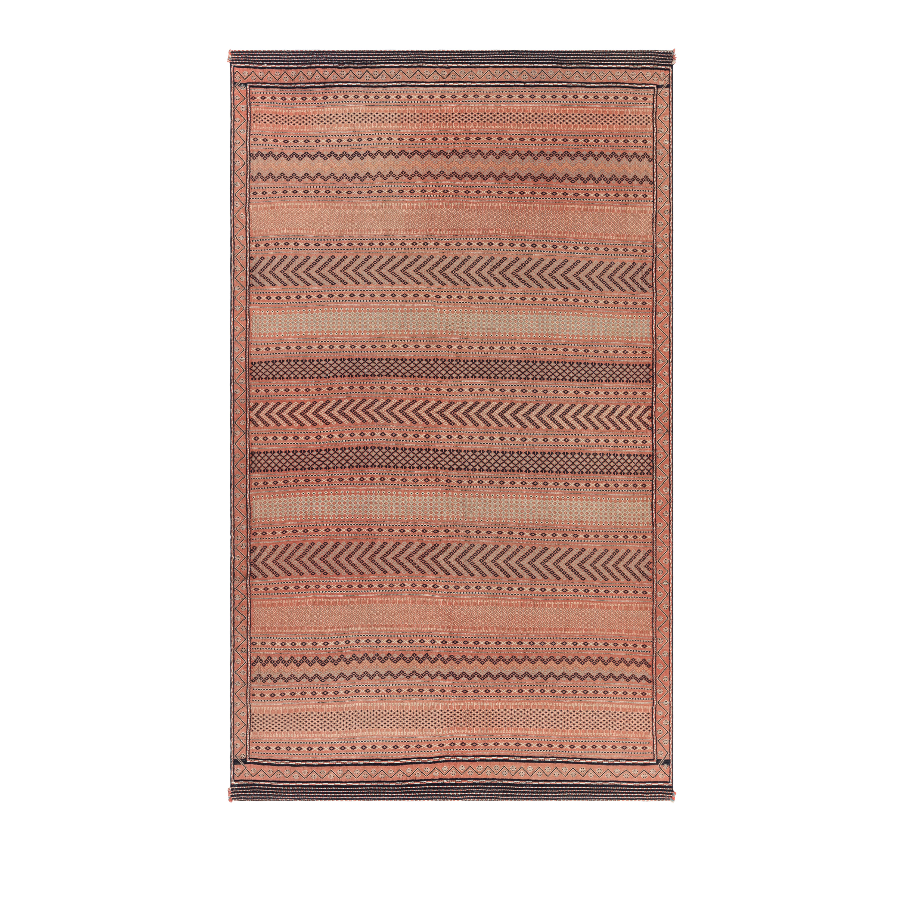Vintage Persian flatweave rug in rust with geometric repeating motifs, handcrafted in wool and natural dye by Nasiri Carpets.
