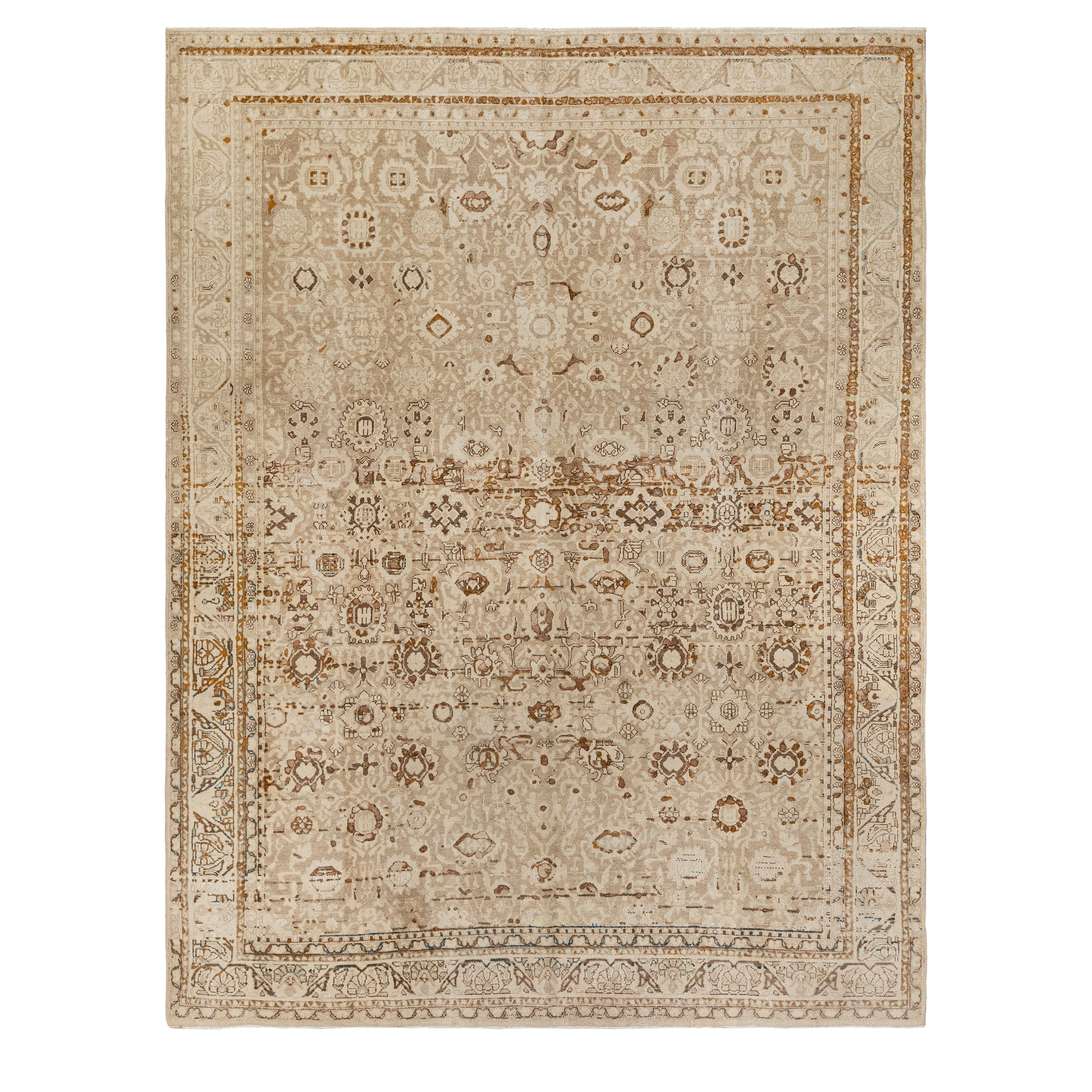 Vintage Persian Malayer rug with soft beige tones and oxidized motif texture, handcrafted with hand-spun wool and natural dyes – from Nasiri Carpets.
