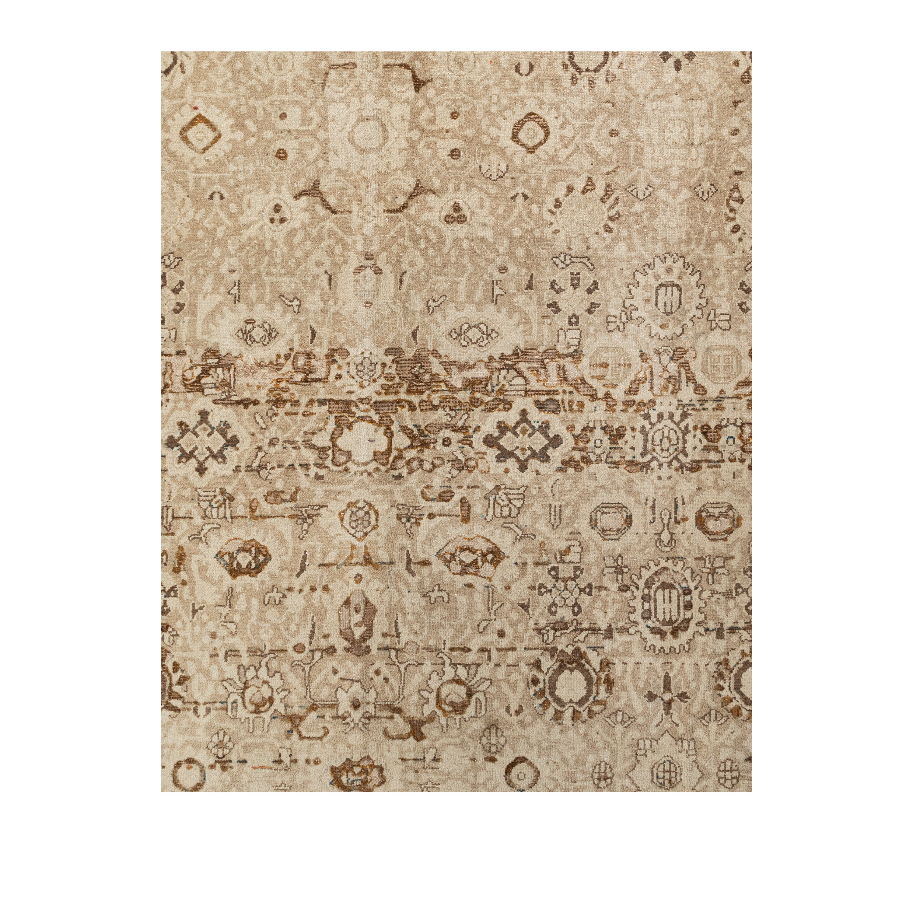 Vintage Persian Malayer rug with soft beige tones and oxidized motif texture, handcrafted with hand-spun wool and natural dyes – from Nasiri Carpets.