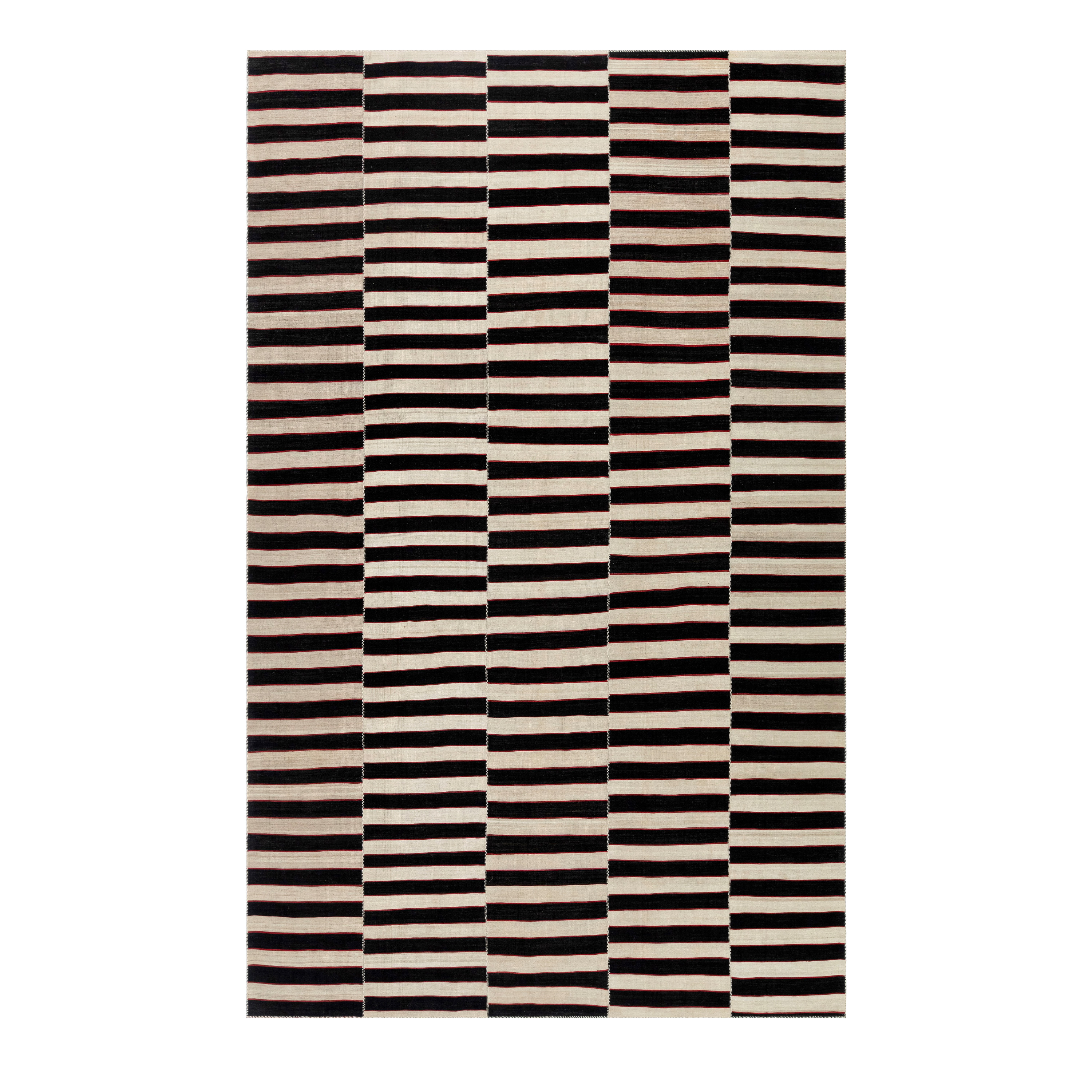 Mazandaran Vintage Kilim Flatweave rug by Nasiri Carpets – handwoven in black and beige stripes using natural-dyed wool