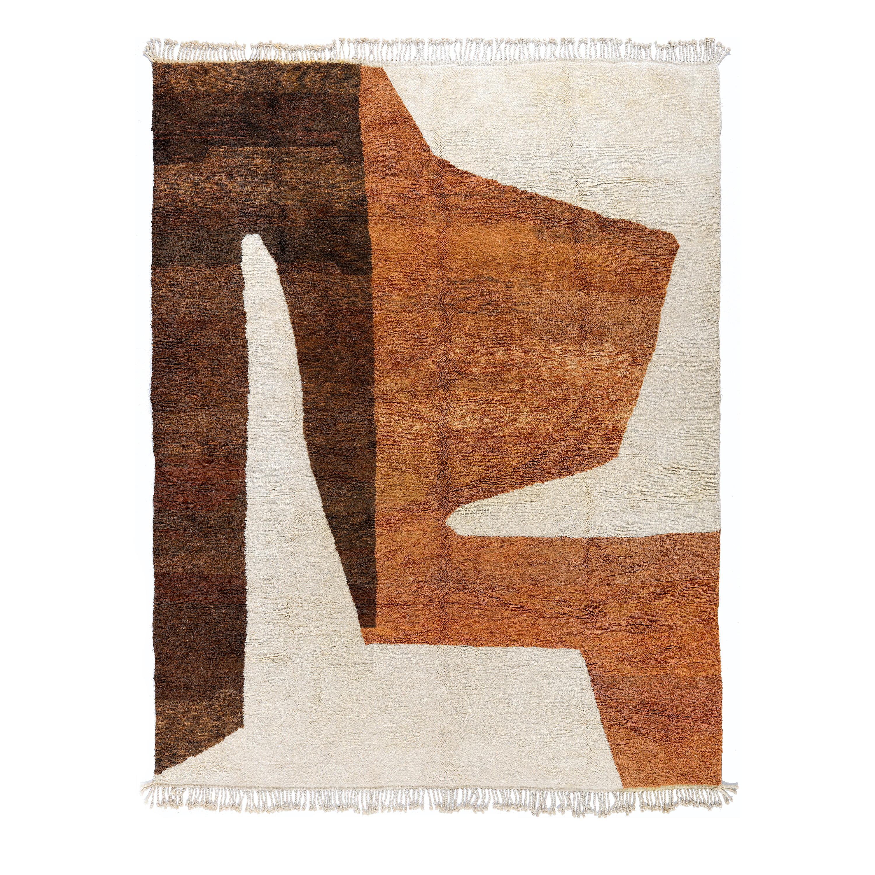 Handwoven Moroccan rug with abstract terracotta and cream design in wool